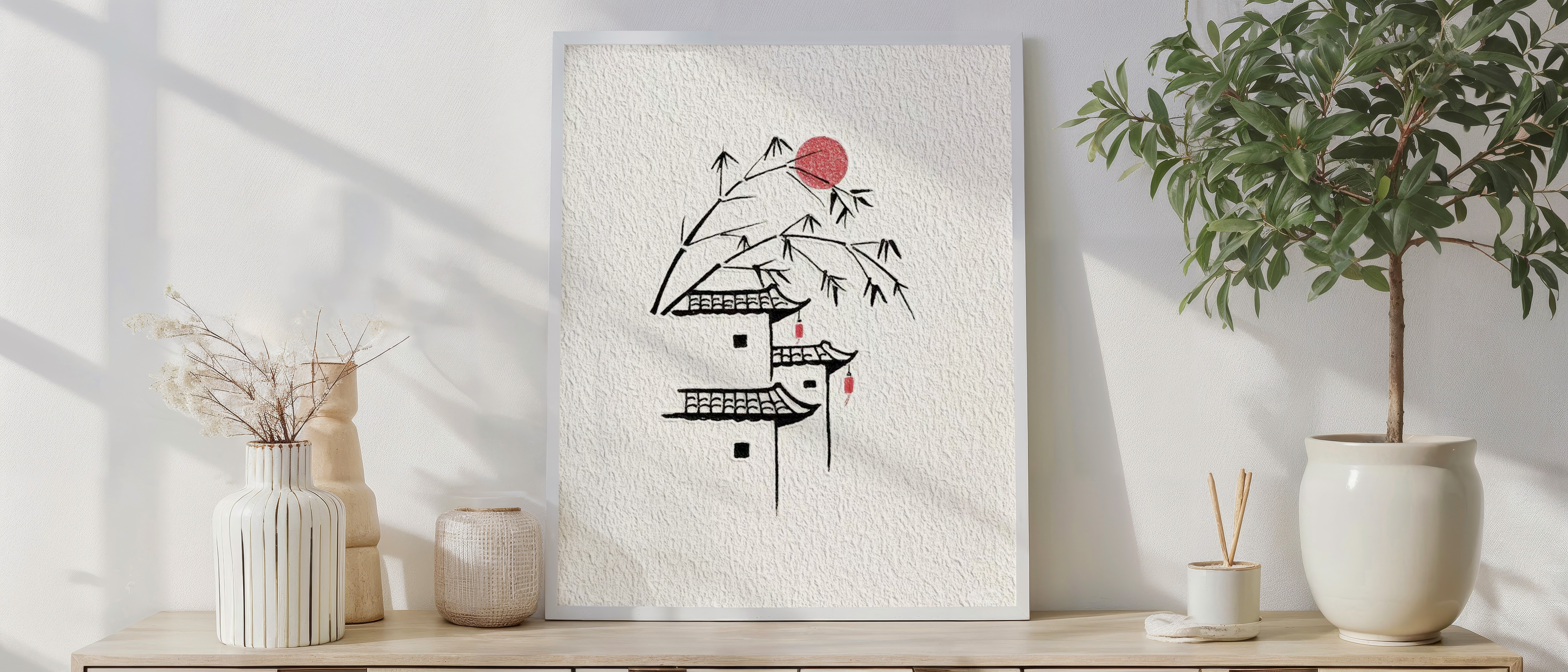 Minimalist Asian Village Art – Bamboo & Red Sun Illustration