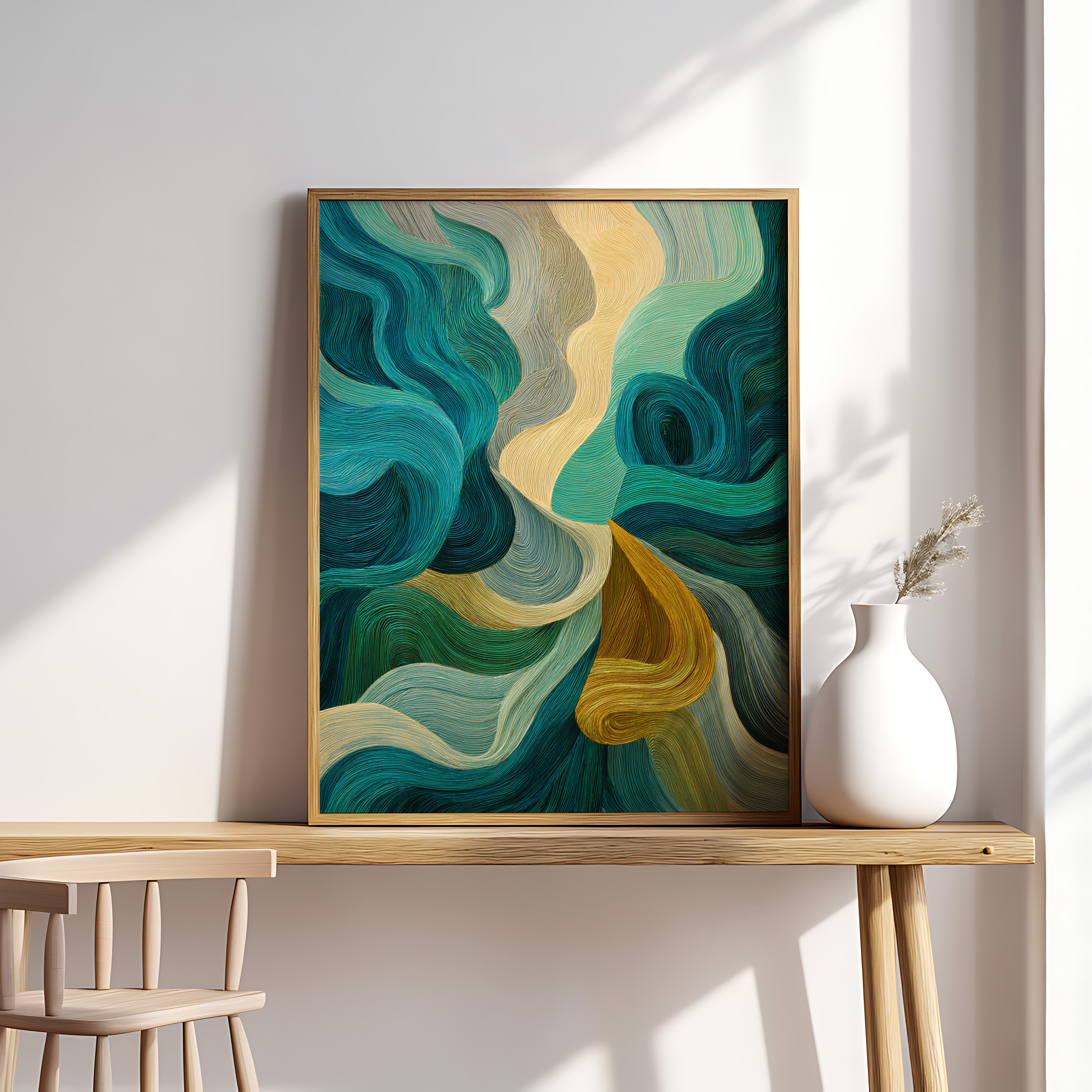 Flowing Abstract Canvas Art – Teal, Gold & Modern Fluid Lines