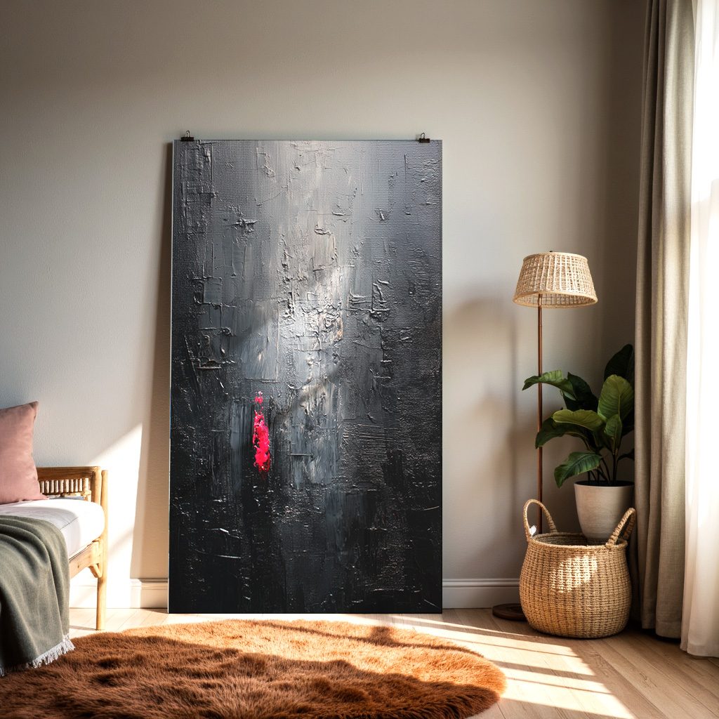 Dark Textured Abstract Art with Red Accent