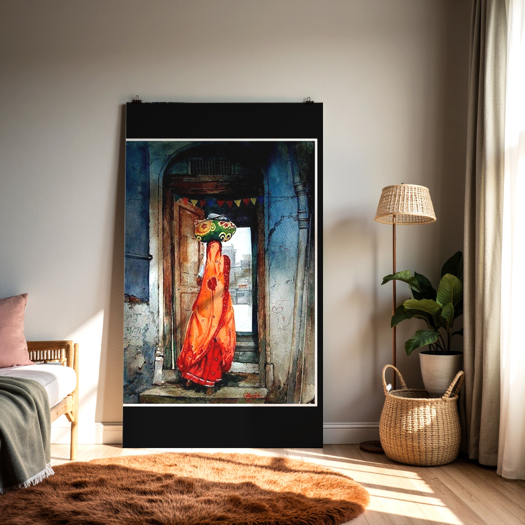 Indian Woman in Traditional Saree Wall Art | Cultural Watercolor Painting