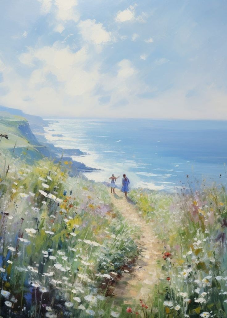 Coastal Bloom – Sunlit Cliffside Path Wall Art