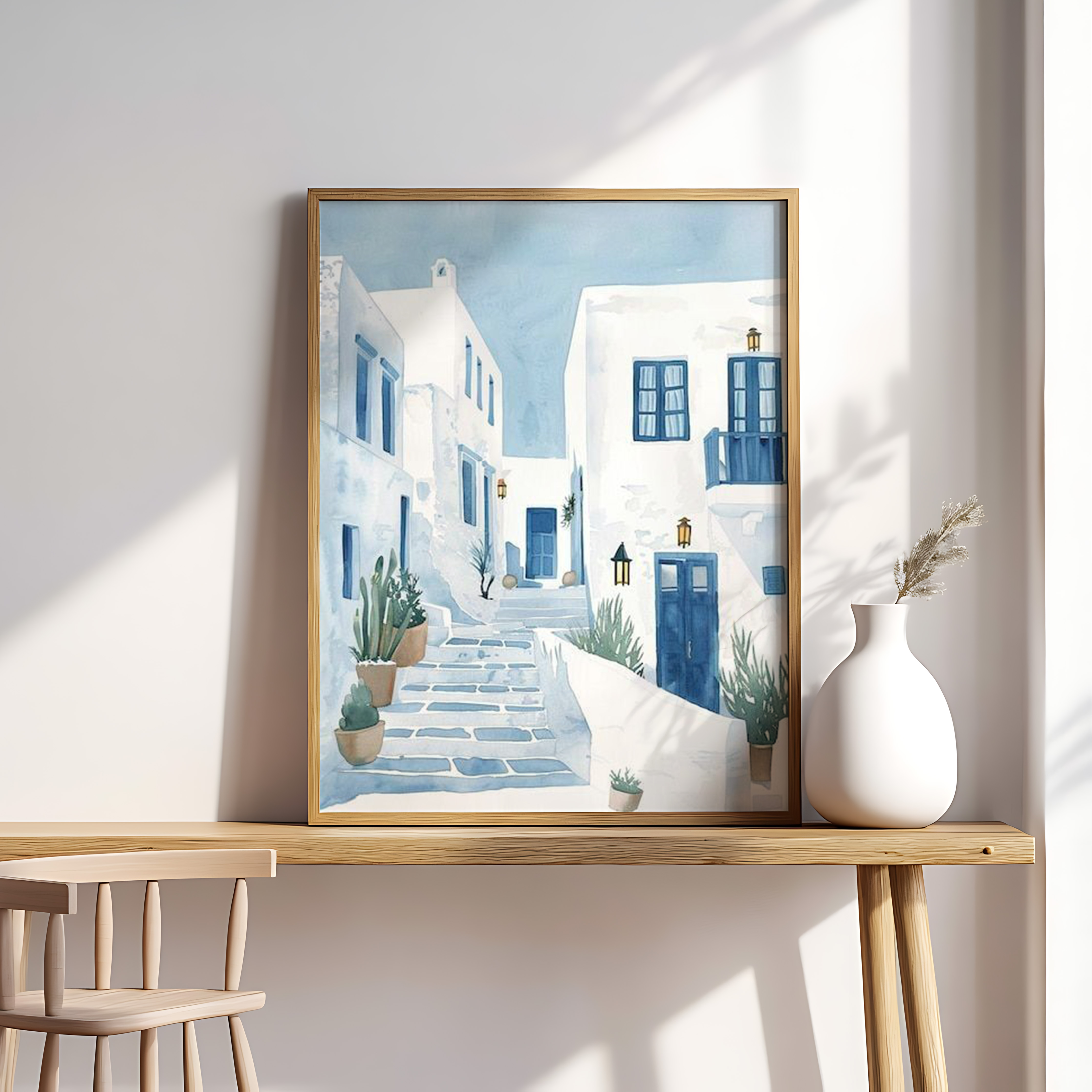 Mediterranean Street Illustration – White Houses & Blue Doors