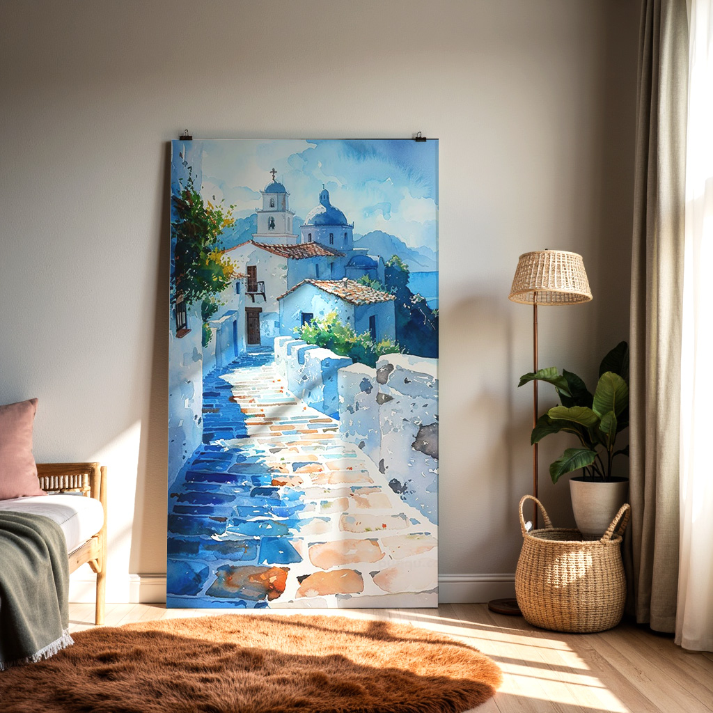 Aegean Pathway – Blue & White Coastal Village Wall Art