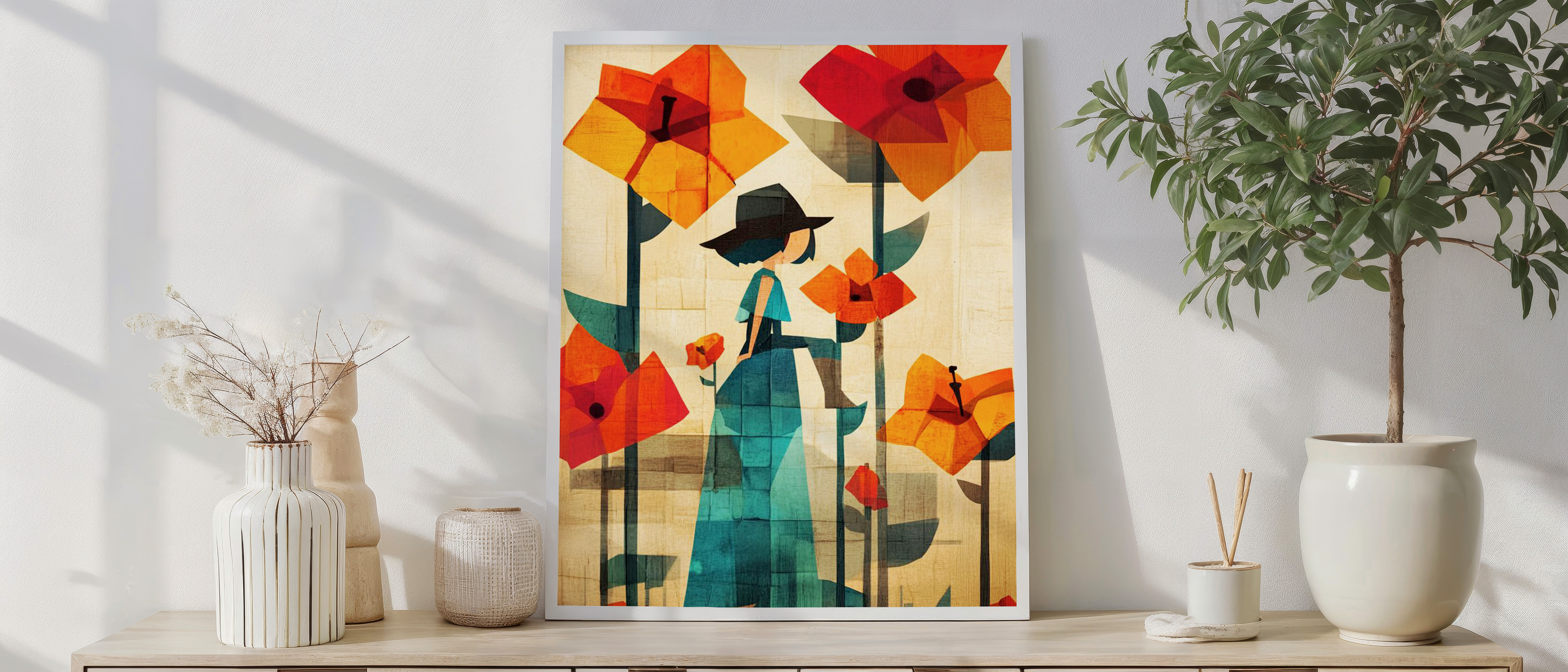 Abstract Woman in Flower Garden Wall Art – Modern Figurative Floral Painting