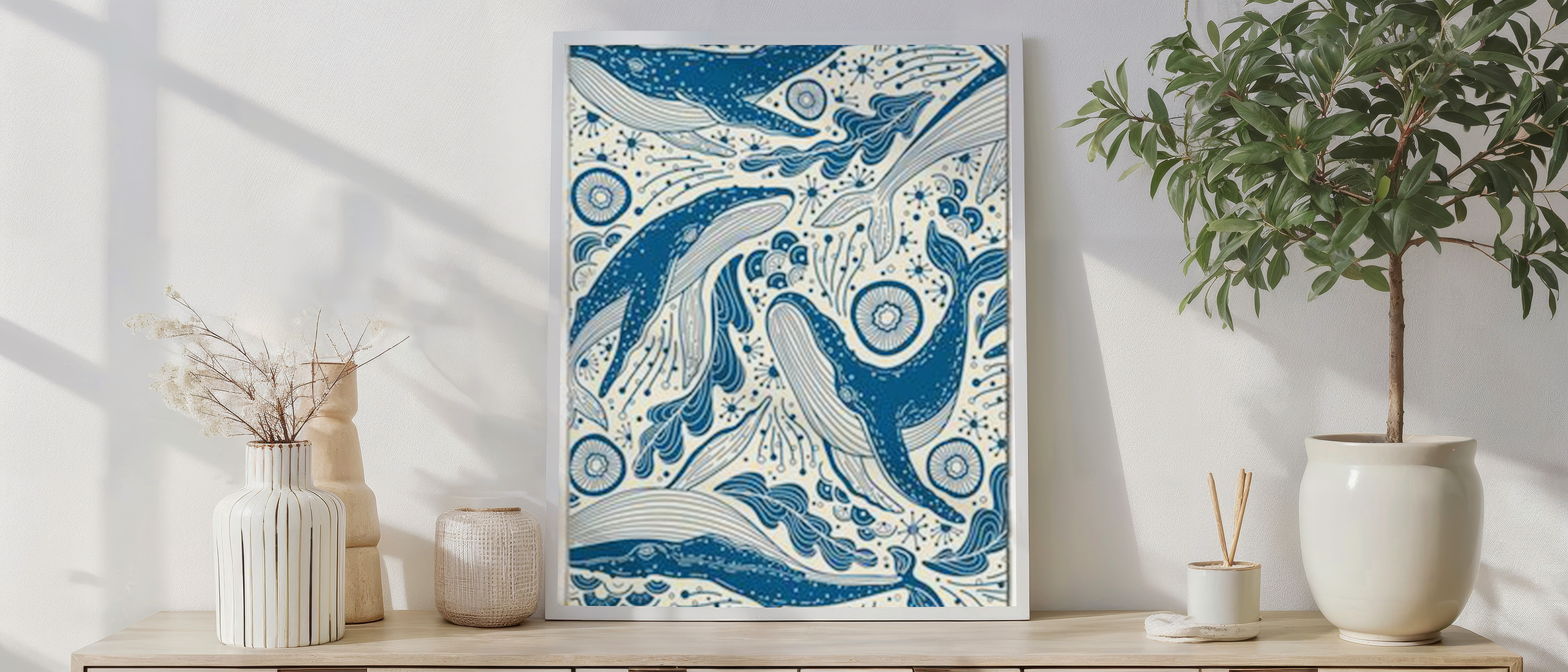 Nautical Whale Wall Art – Ocean Pattern Print | Blue Marine Decor for Coastal Home