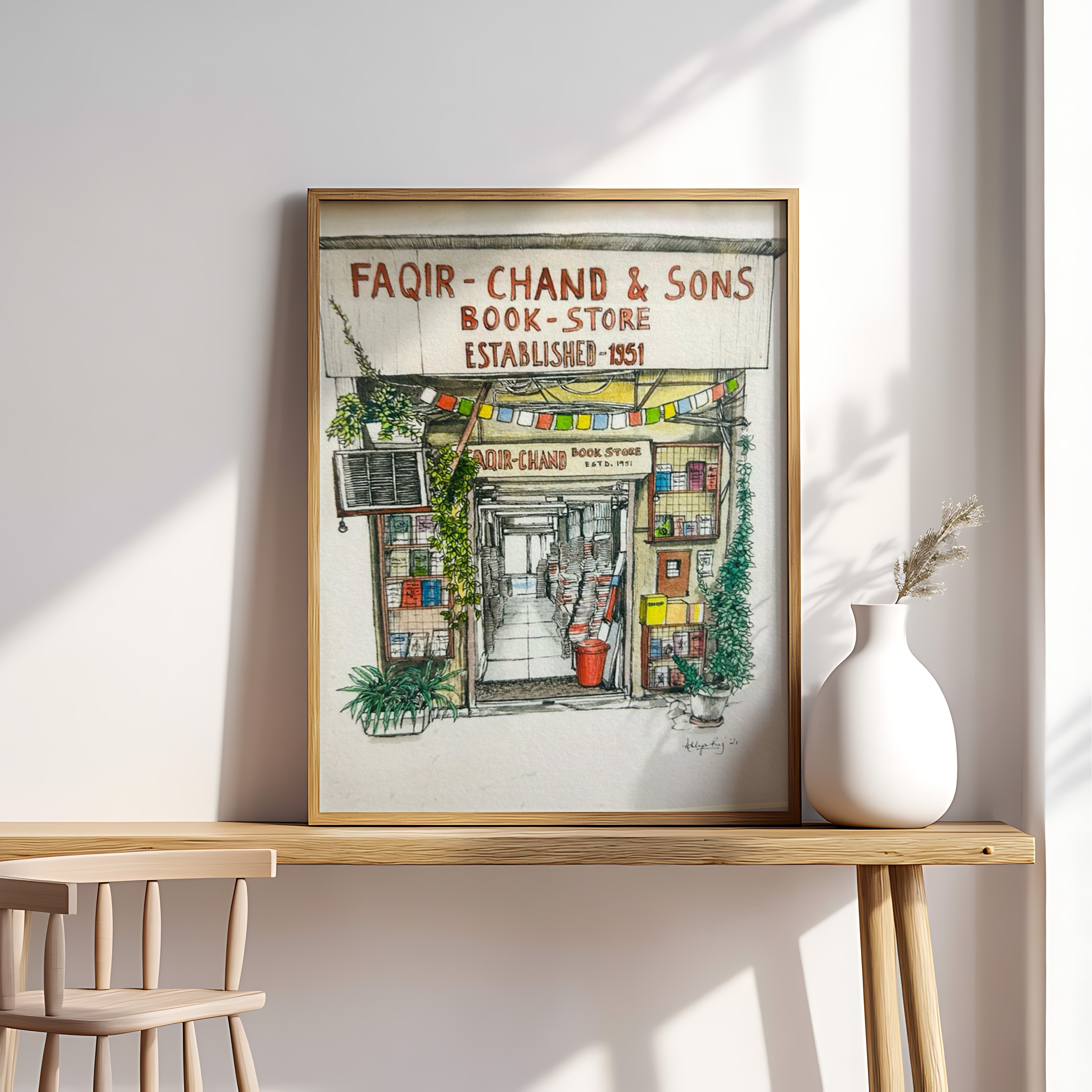 Faqir-Chand & Sons Book Store Art Print | Vintage Indian Bookshop Illustration