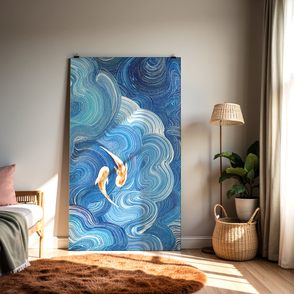 Blue Koi Fish Wall Art Print – Abstract Swirling Water Painting in Ocean Blues