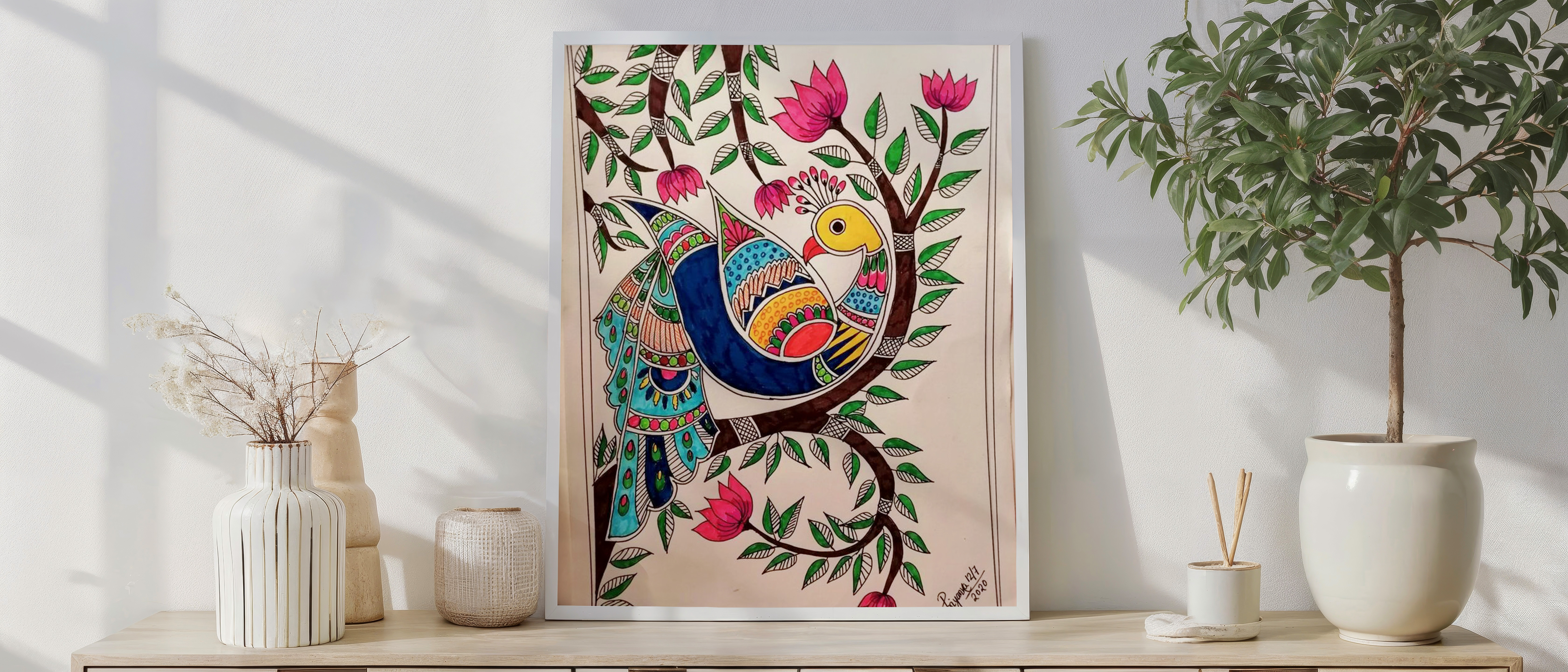 Vibrant Madhubani Peacock Painting – Traditional Indian Folk Art Wall Décor