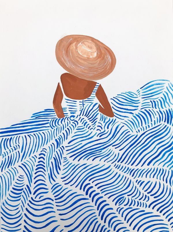 Minimalist Beach Illustration – Woman in Blue Waves Art