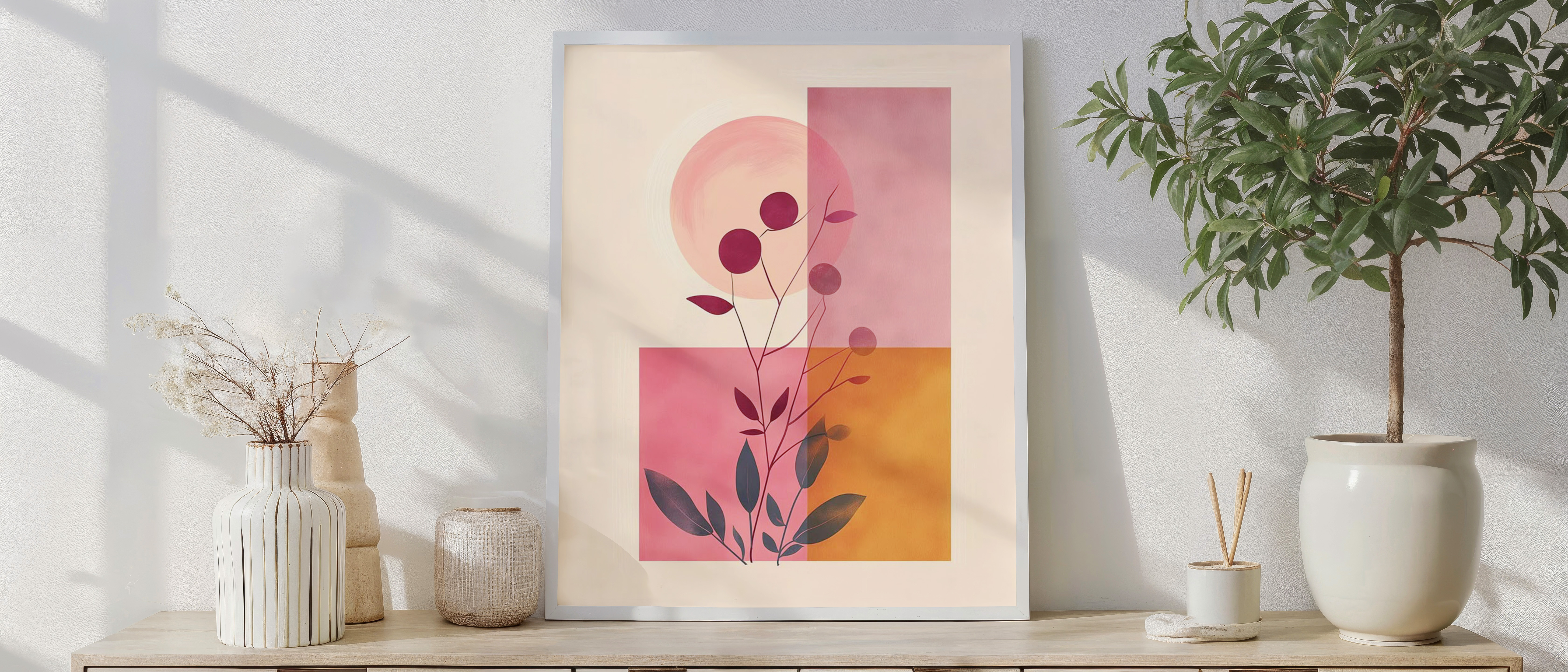 Modern Abstract Botanical Wall Art – Pink and Orange Geometric Design