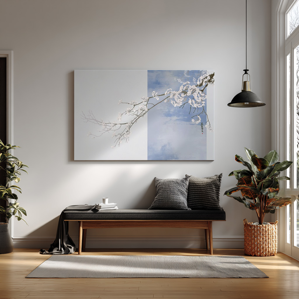 Minimalist Asian Cherry Blossom Wall Art – Soft Blue Ink Wash Floral Print
