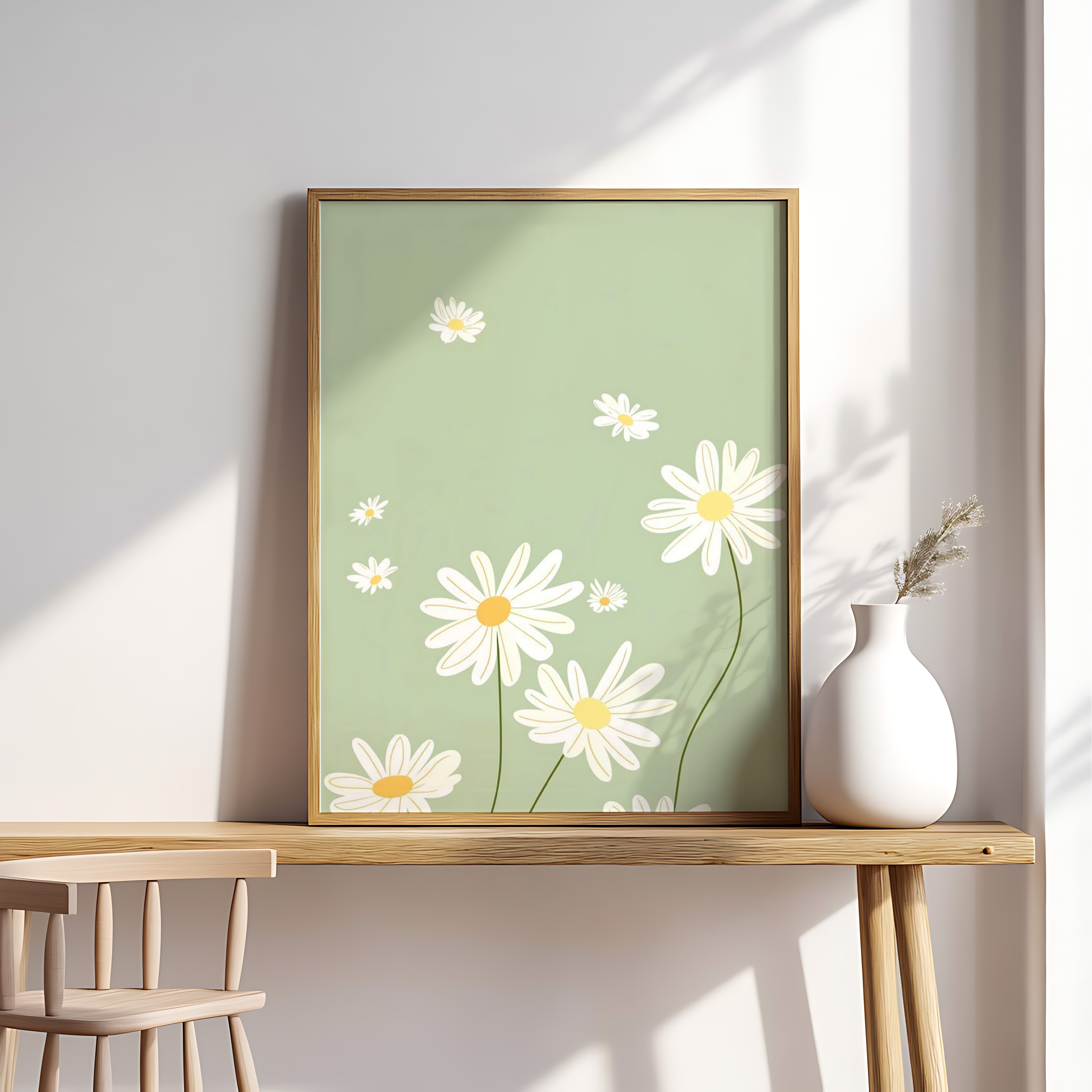 Daisy Wall Art Print – Minimalist Spring Floral Illustration, Soft Green Aesthetic Decor