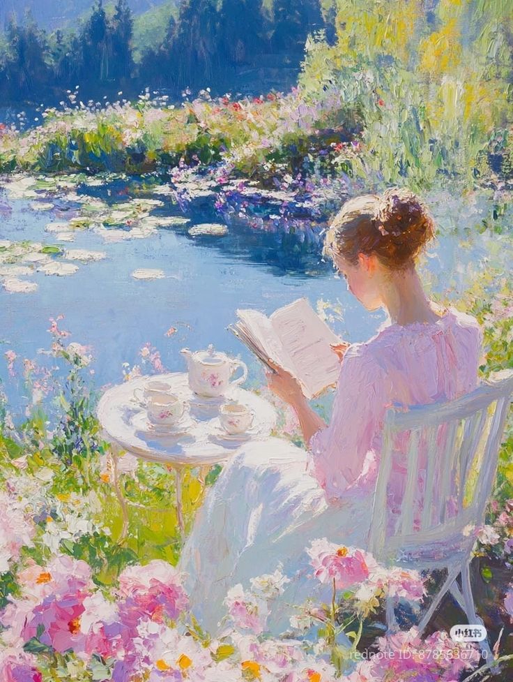 Garden Serenity – Elegant Lady Reading by the Lakeside Wall Art