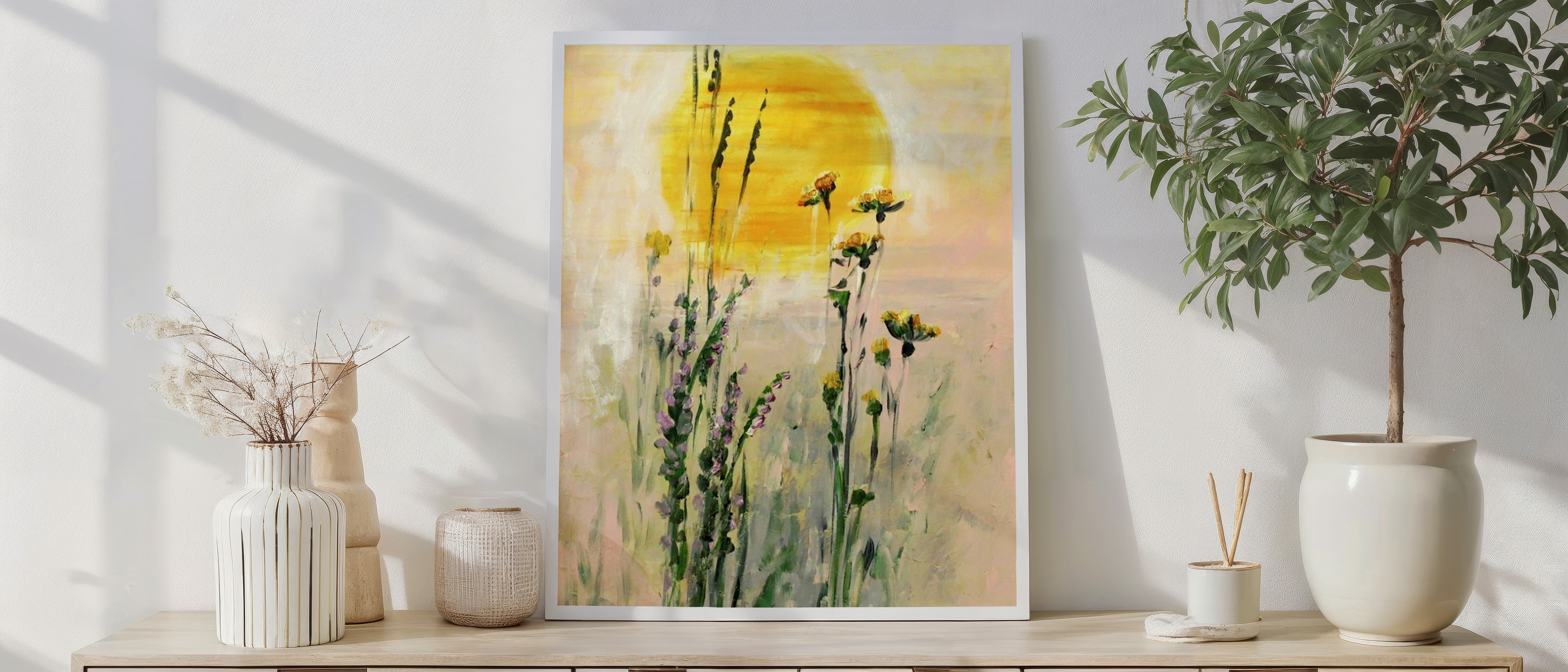 Golden Dawn Wildflowers – Serene Sunrise Floral Wall Art