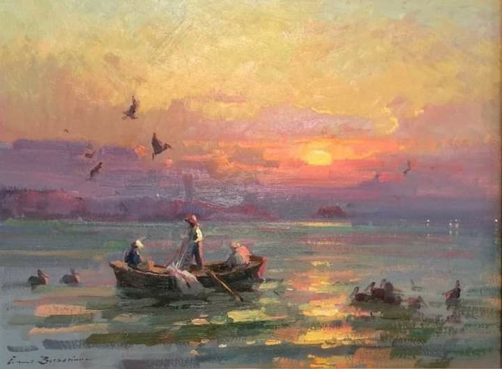 Golden Horizon – Serene Sunset Fishermen Painting