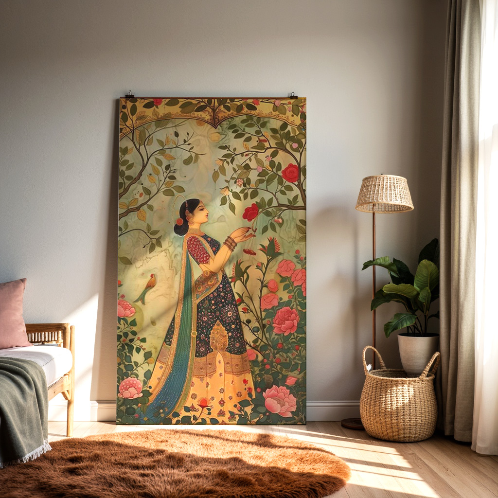 Indian Mughal Style Wall Art | Woman in Garden Floral Illustration