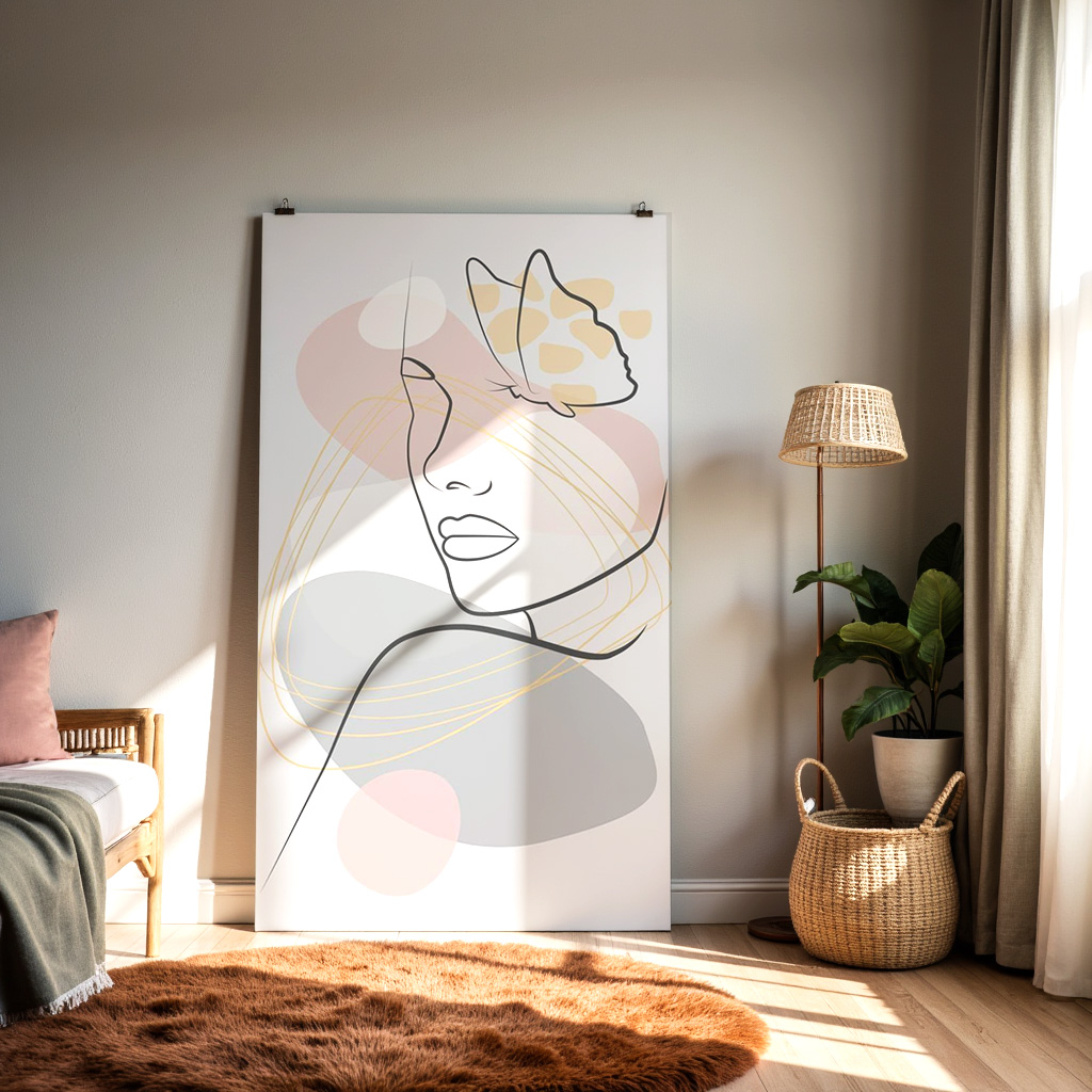 Minimalist Woman & Butterfly Line Art – Soft Abstract Pastel Wall Print