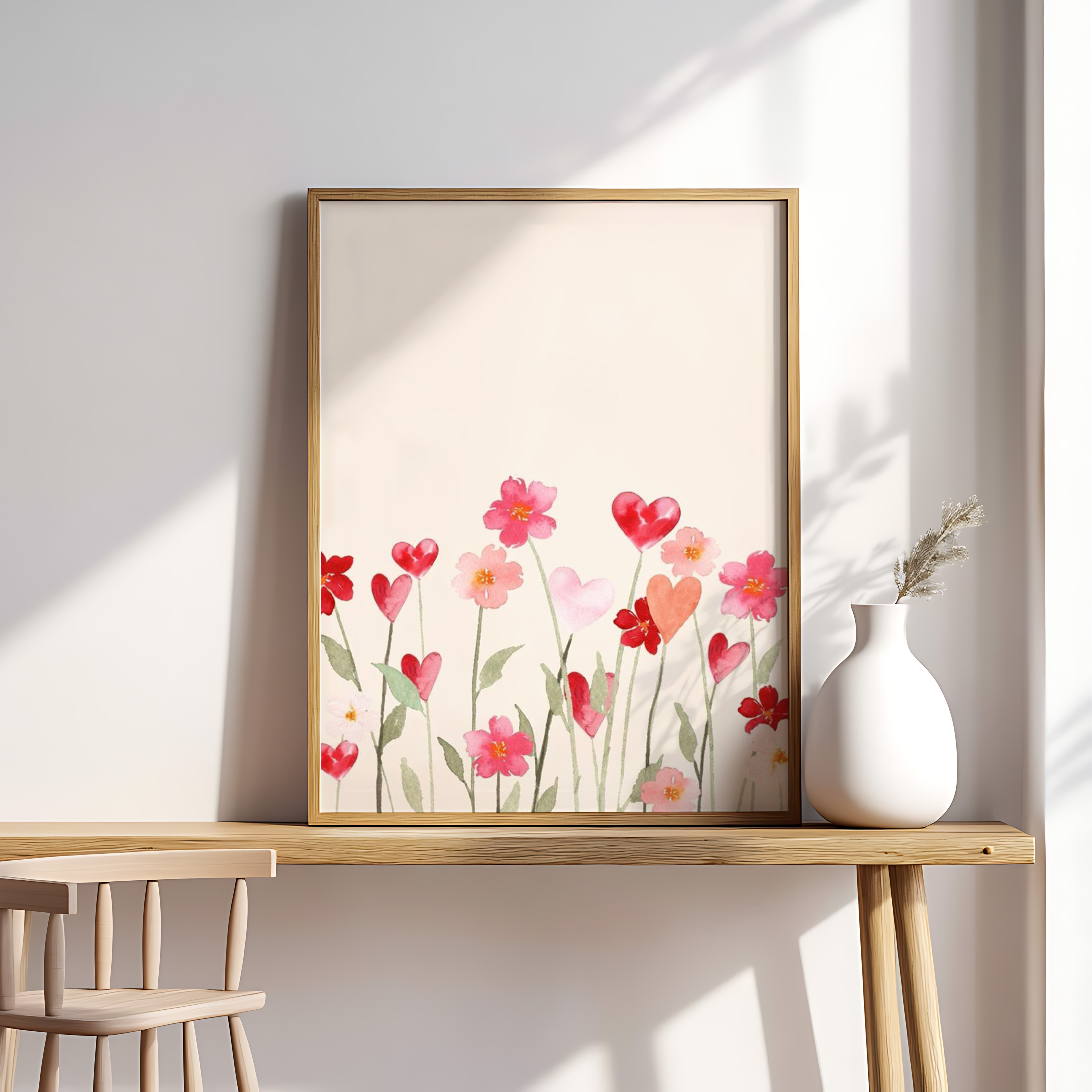 Watercolor Heart Flower Wall Art – Pink & Red Floral Illustration, Romantic Botanical Print
