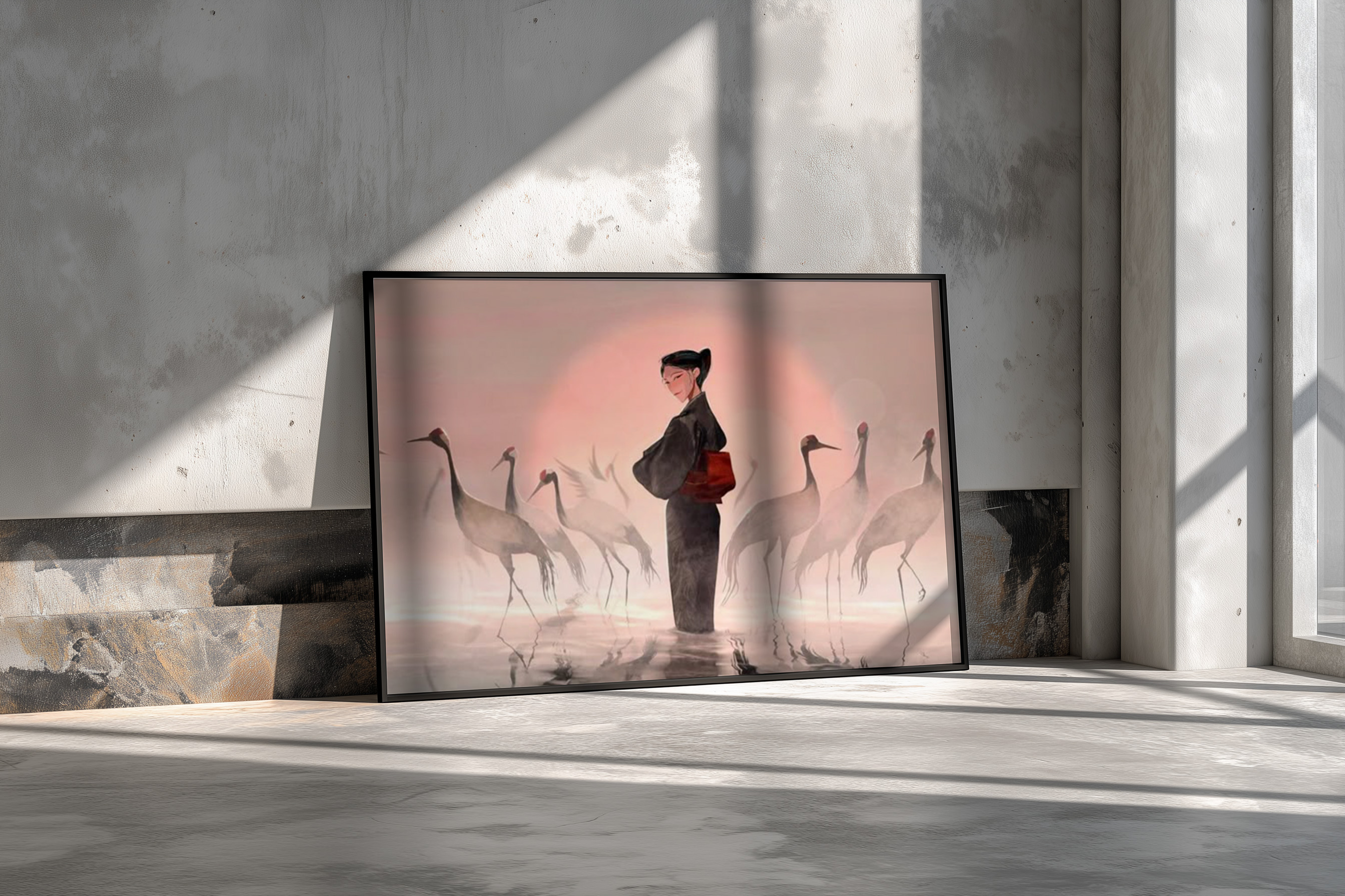 Elegant Japanese-Inspired Art – Woman in Kimono with Cranes | Serene Minimalist Illustration