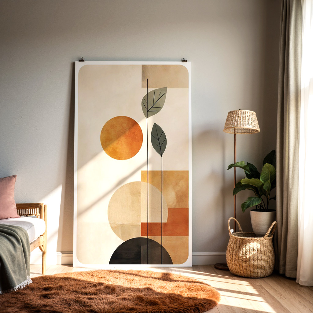 Modern Abstract Botanical Wall Art – Mid-Century Geometric Print with Minimalist Leaves & Shapes