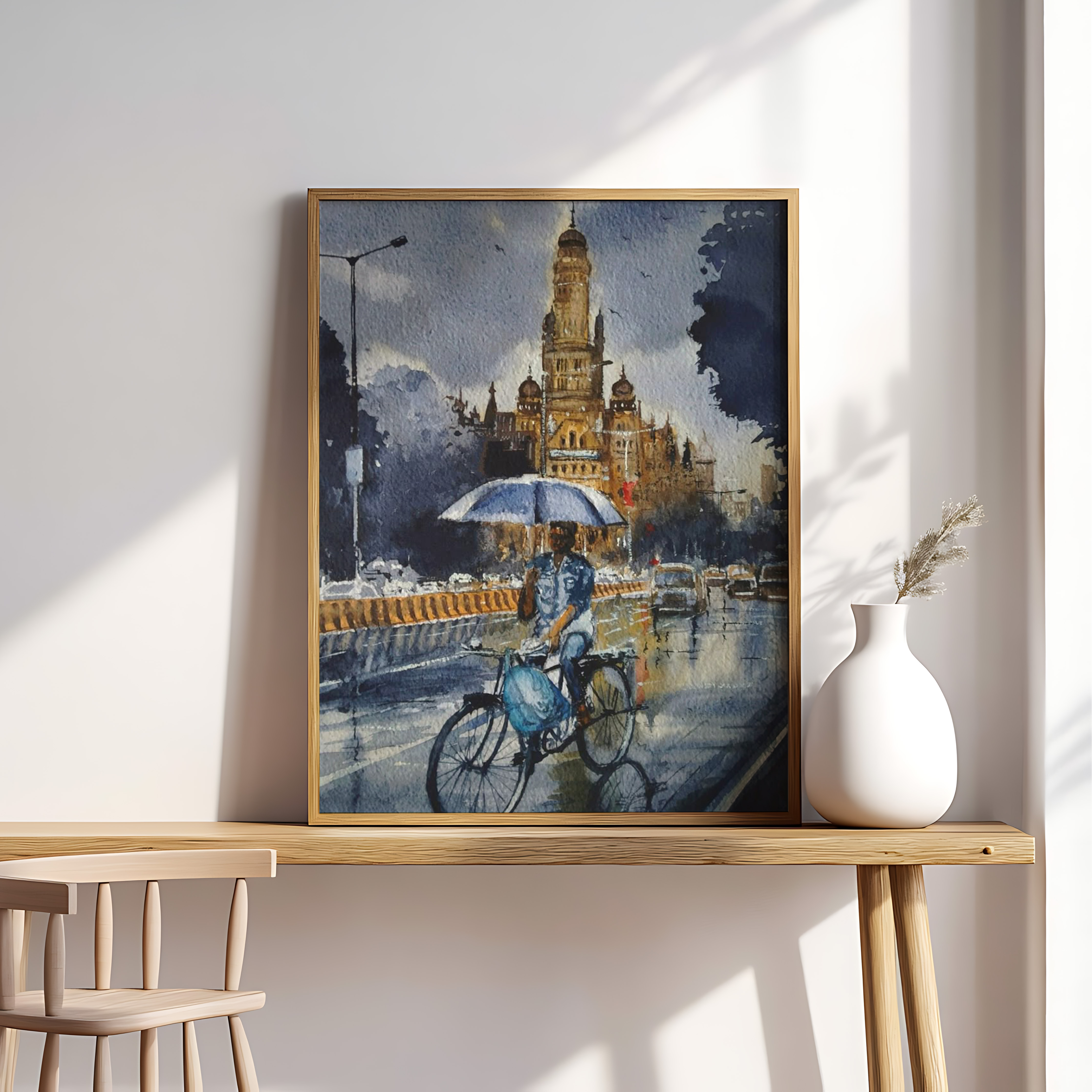 Rainy City Bicycle Wall Art | Indian Monsoon Street Painting