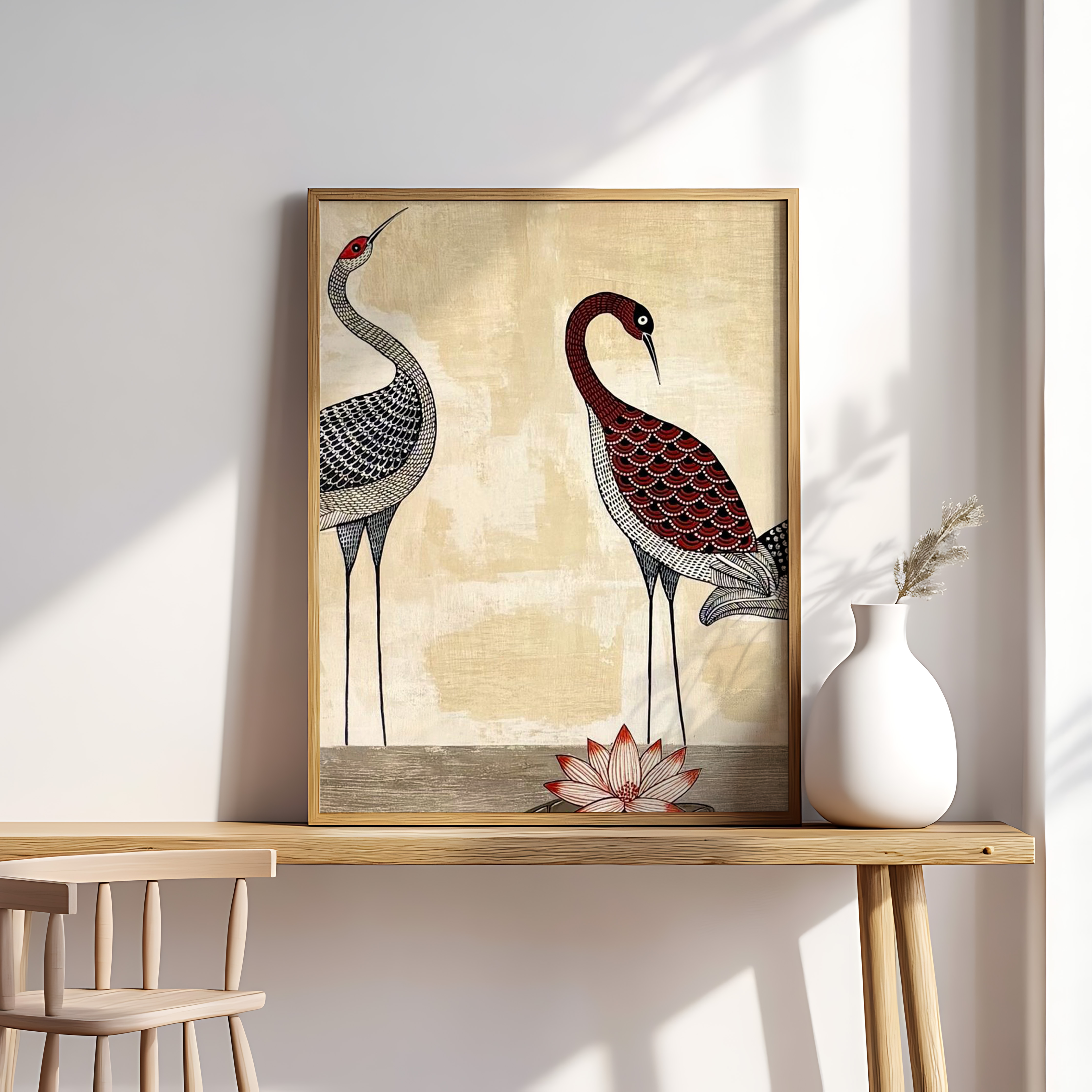 Elegant Cranes with Lotus – Traditional Folk Art Bird Painting