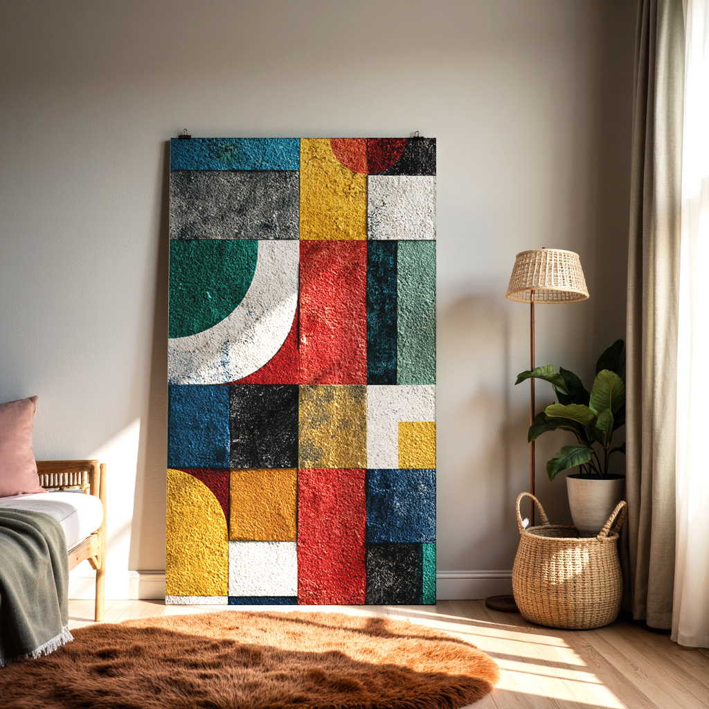 Bauhaus Geometric Wall Art – Colorful Abstract Modern Print with Bold Shapes & Textured Blocks