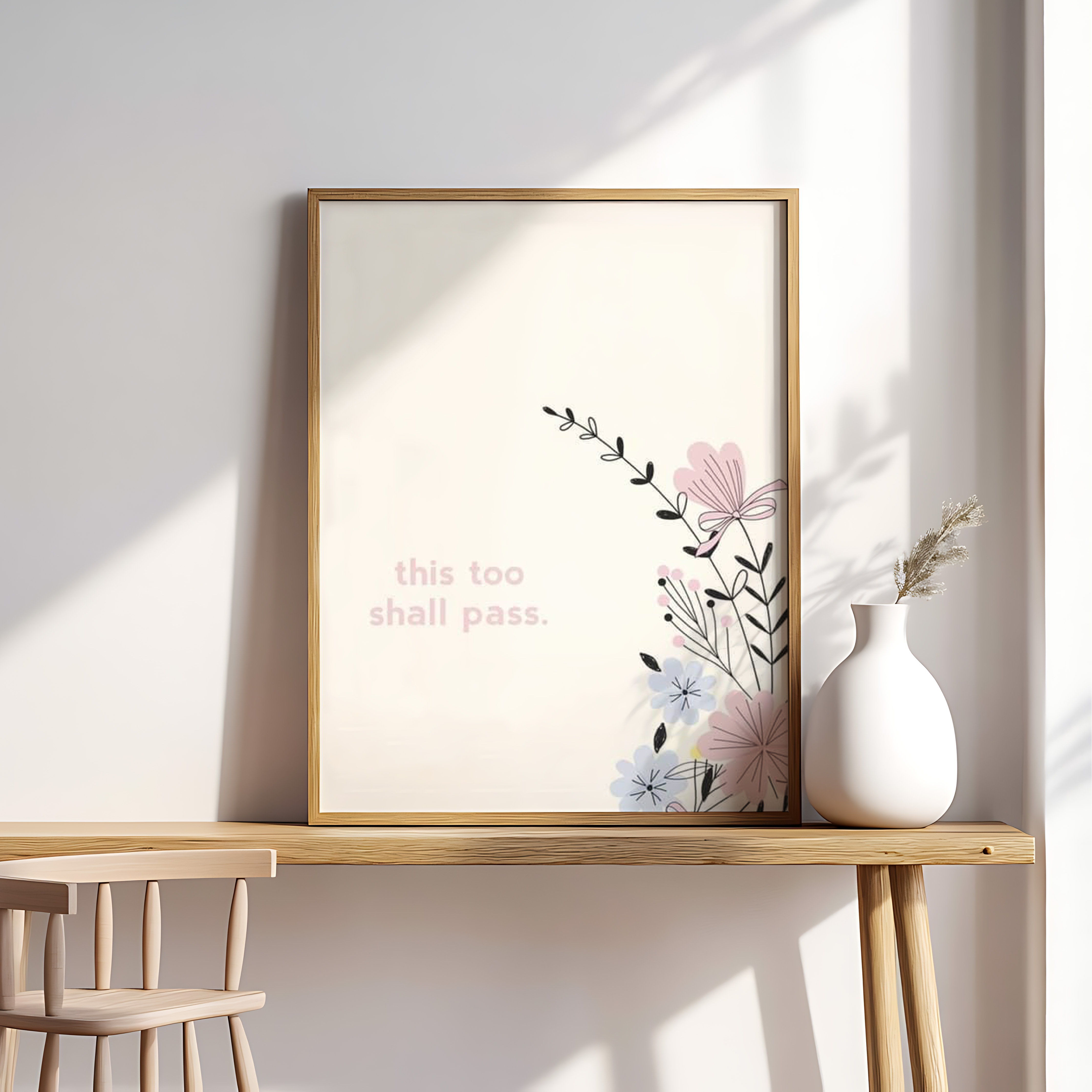 This Too Shall Pass Wall Art – Minimal Floral Inspirational Quote Print