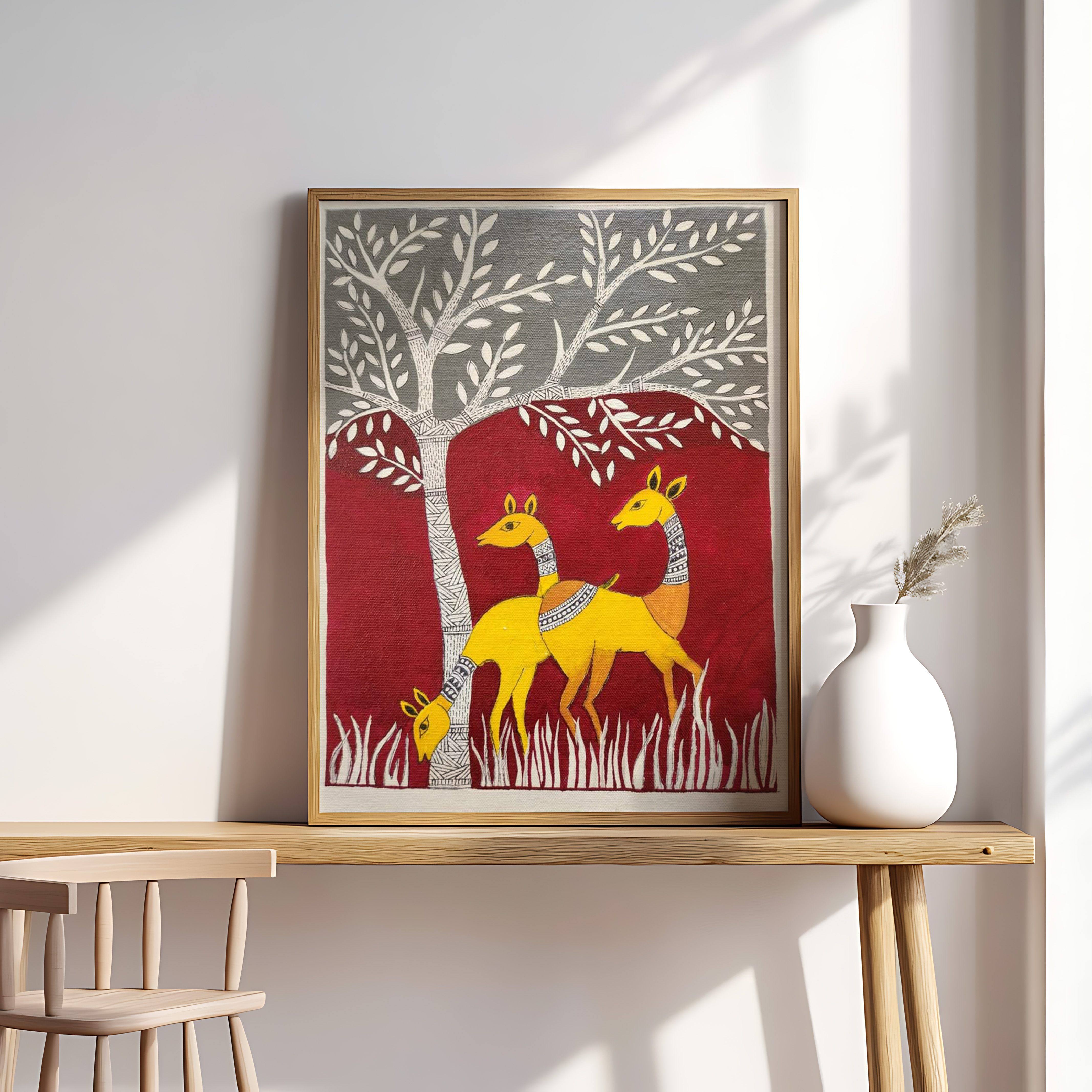 Folk Art Deer Painting – Traditional Tribal Style Nature Wall Art