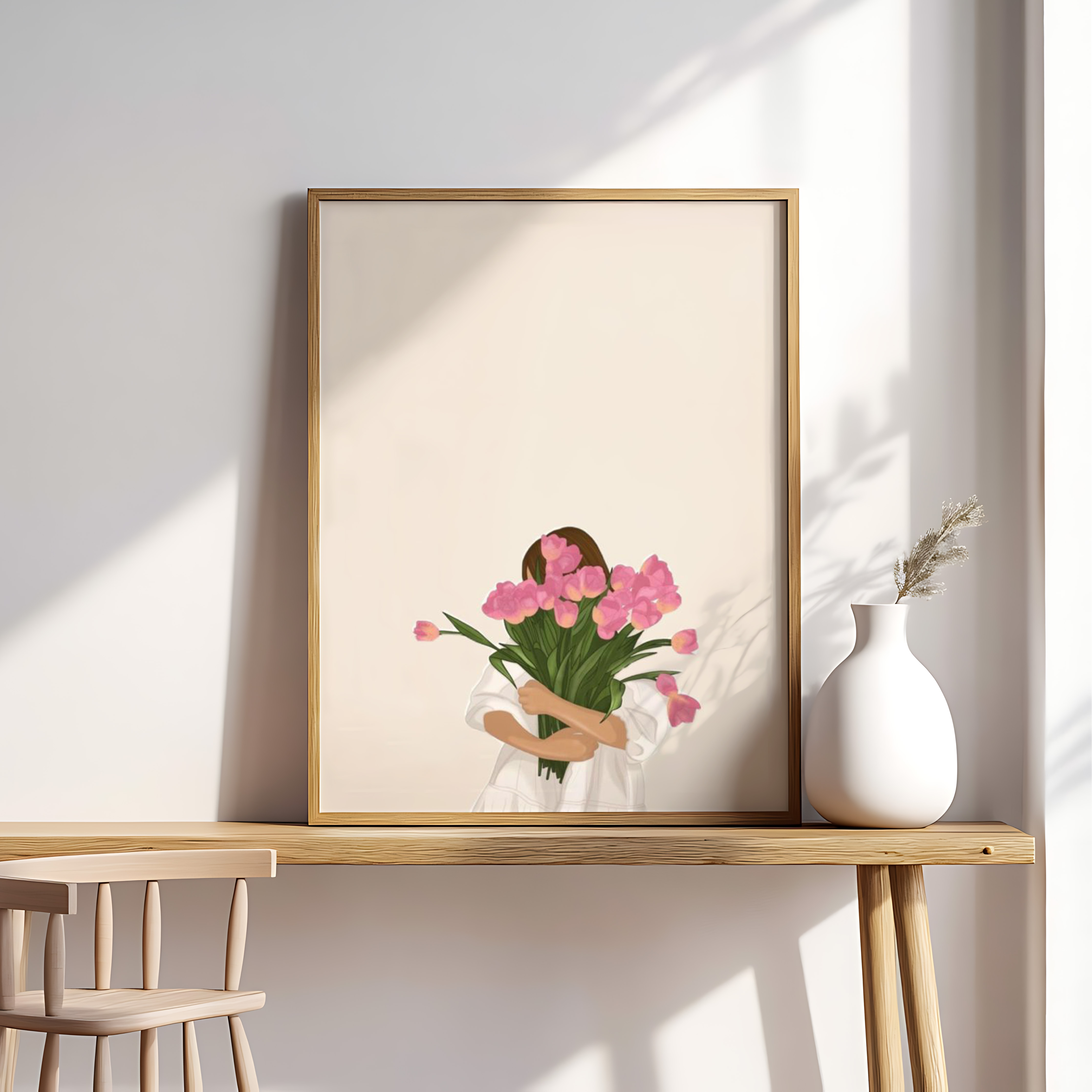 Girl Holding Pink Tulips Wall Art – Minimalist Floral Illustration, Pastel Aesthetic Print