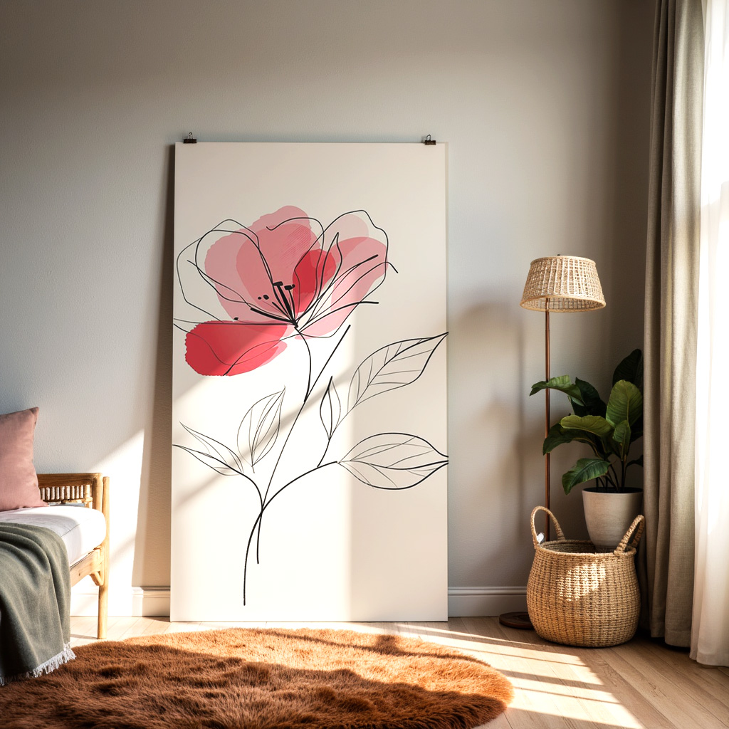 Minimal Line Art Floral Illustration – Red Abstract Flower Wall Art Print