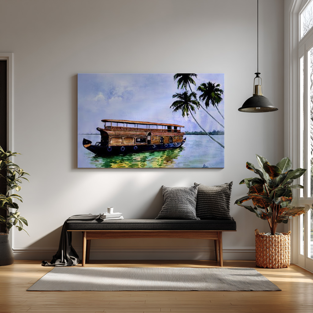 Kerala Houseboat Wall Art | Traditional Backwater Boat Painting