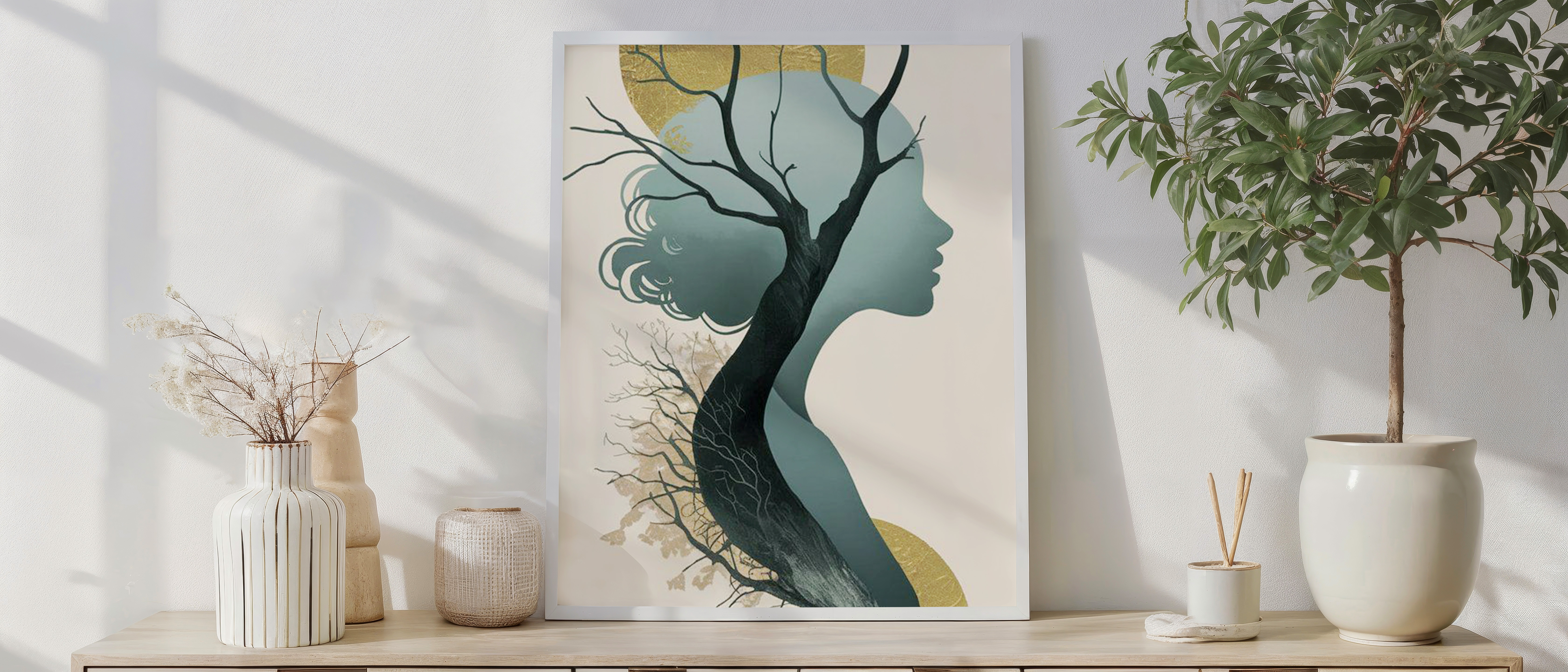 Nature and Woman Silhouette Wall Art – Abstract Gold and Teal Design
