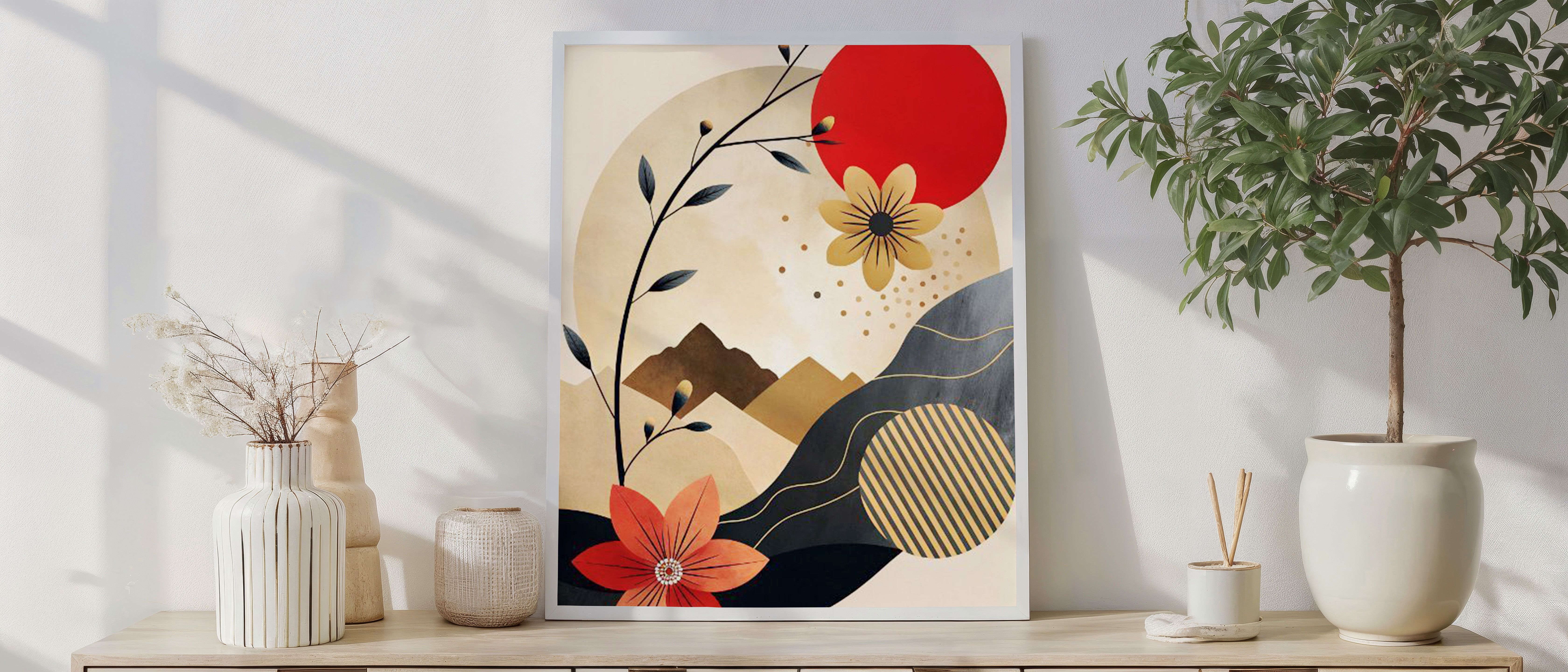 Abstract Floral Landscape Wall Art – Modern Red and Gold Design