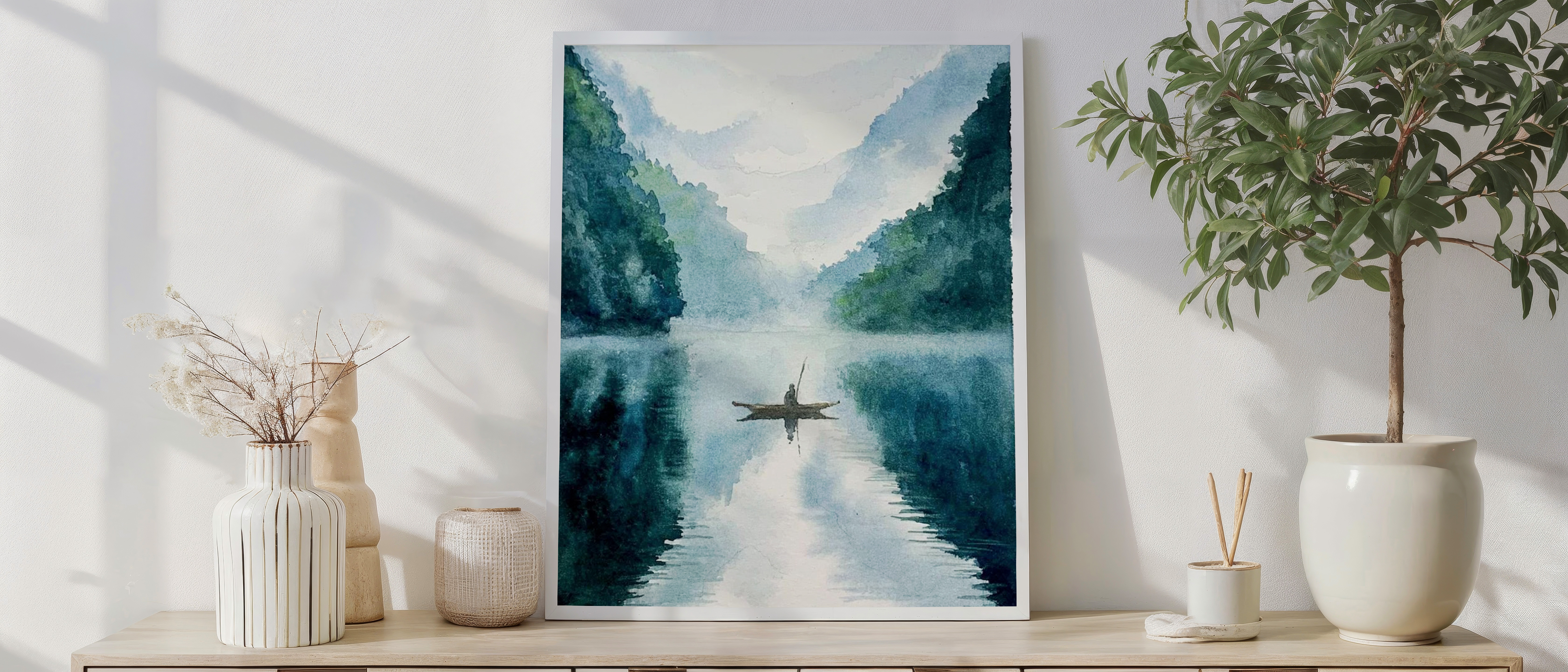 Misty Reflections – Tranquil Lake Kayaker Wall Art