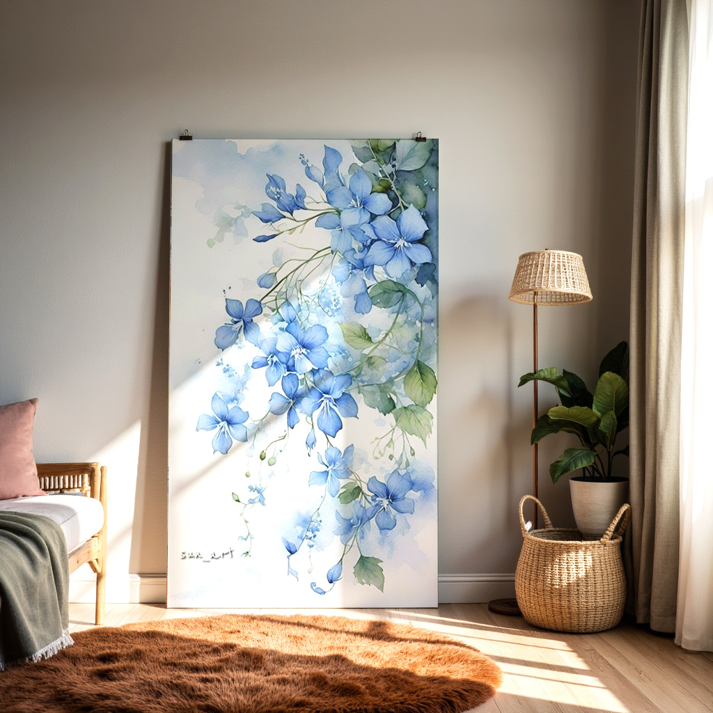Whispers of Blue – Elegant Watercolor Floral Wall Art