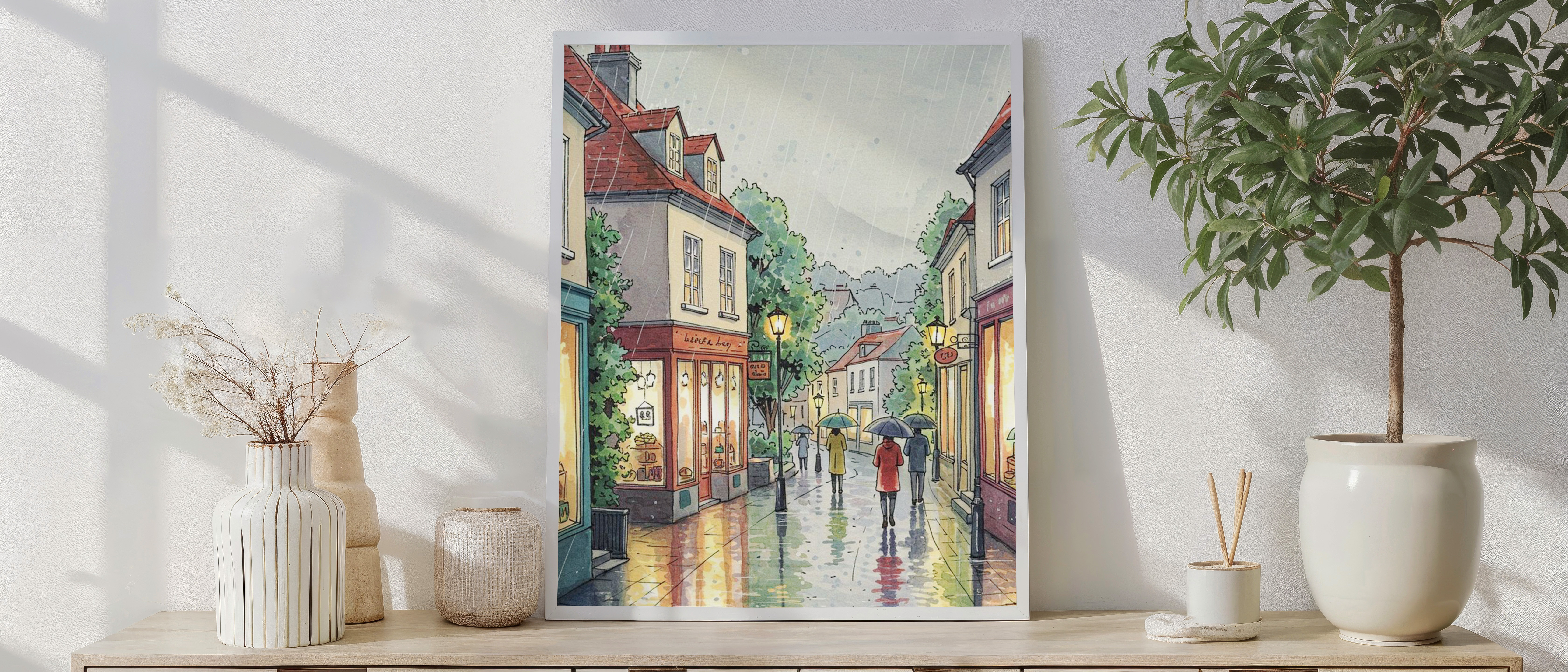 Rainlit Stroll – Cozy European Street in the Rain Wall Art