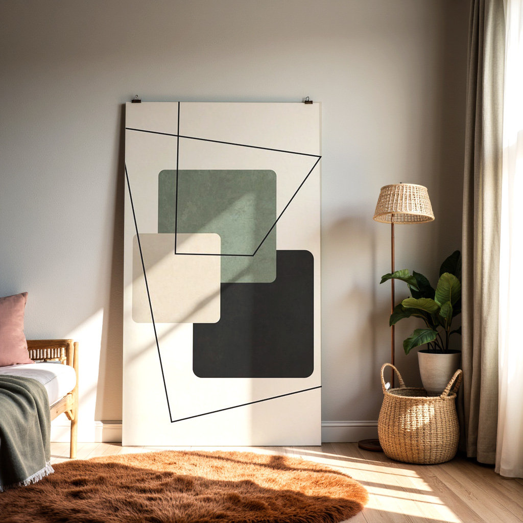 Modern Geometric Wall Art – Minimalist Abstract Print with Neutral Squares & Line Shapes