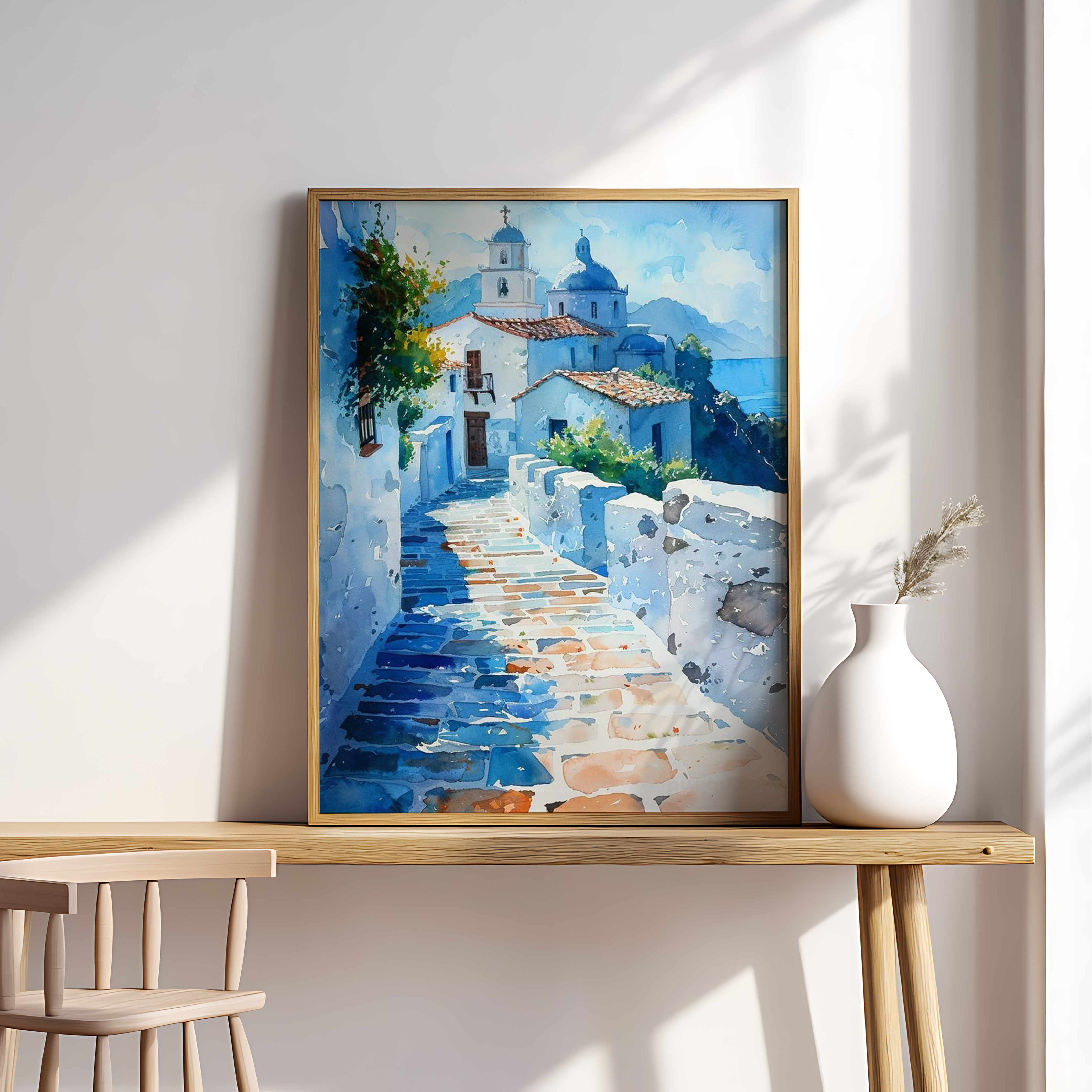 Aegean Pathway – Blue & White Coastal Village Wall Art