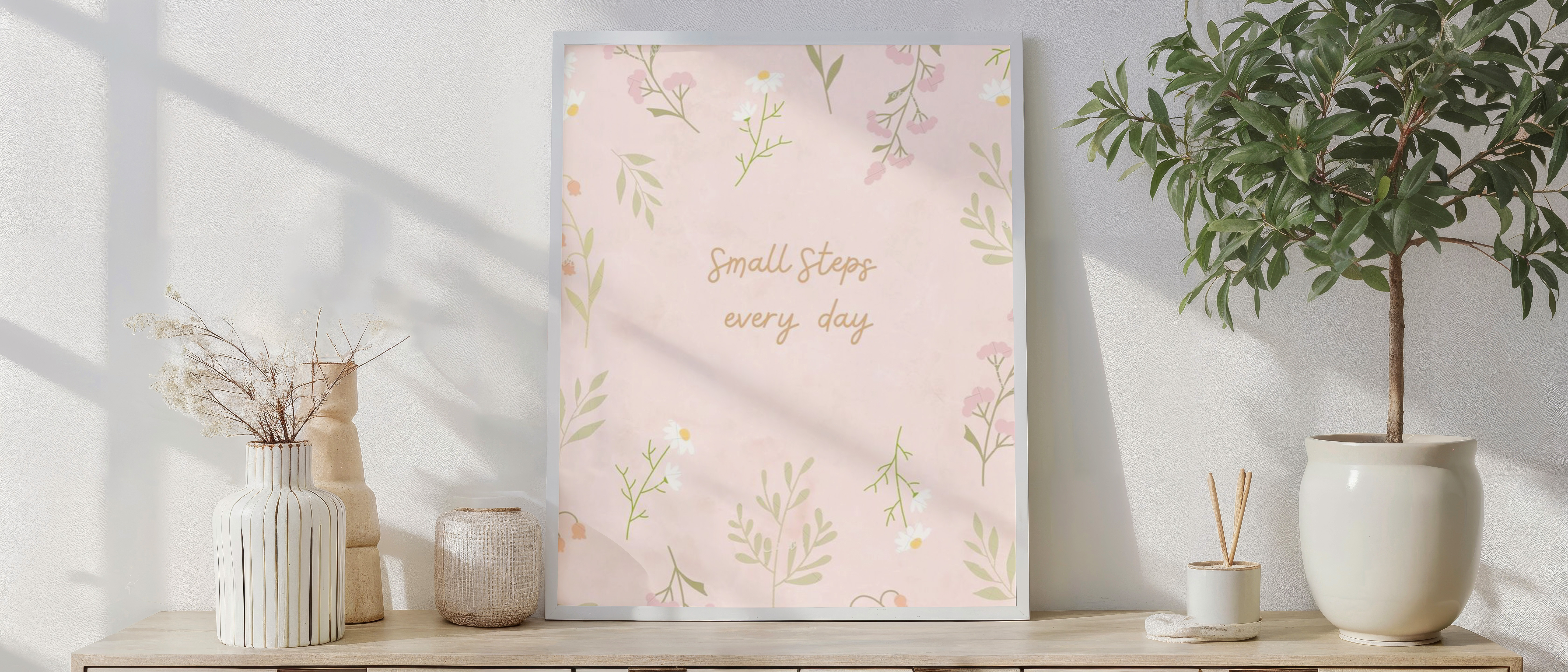 Small Steps Every Day Wall Art – Motivational Floral Print, Pastel Botanical Poster