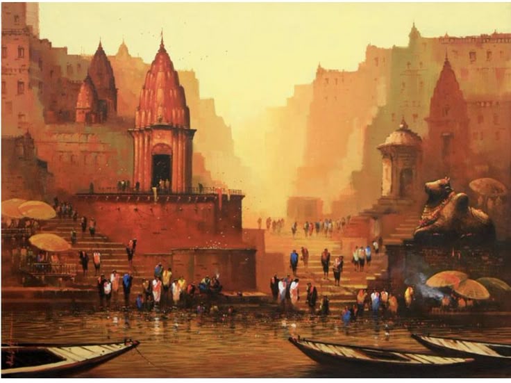 Varanasi Ghats Wall Art | Golden Ganges River City Painting