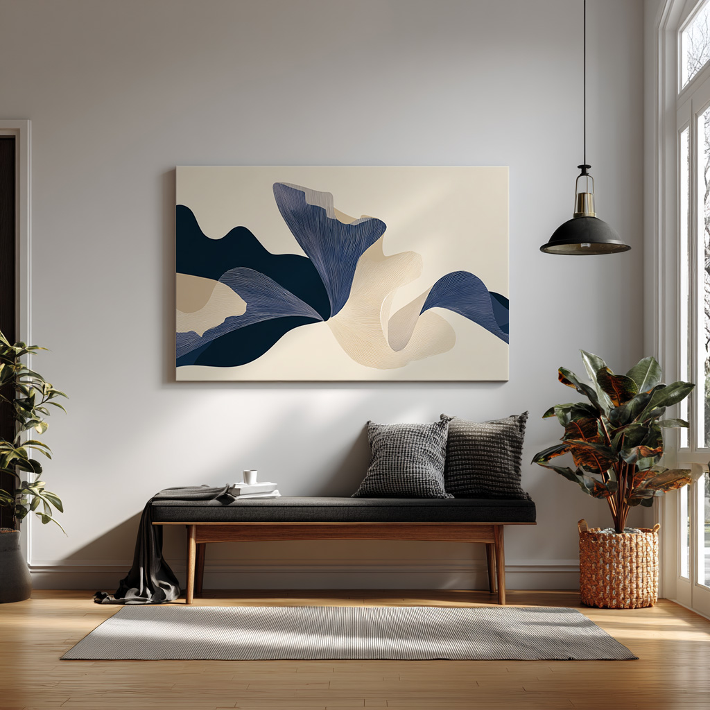 Minimal Abstract Line Art – Navy & Beige Wave Flow