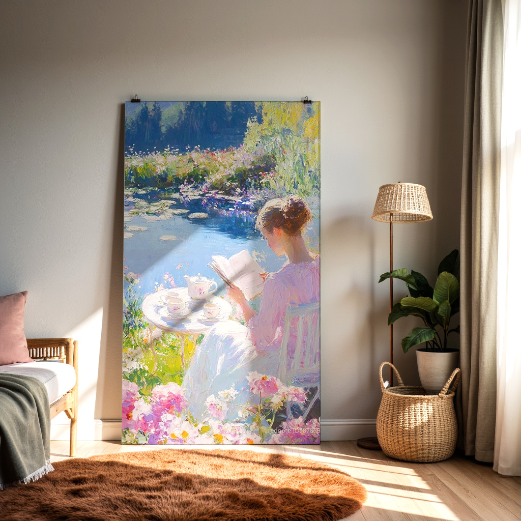 Garden Serenity – Elegant Lady Reading by the Lakeside Wall Art