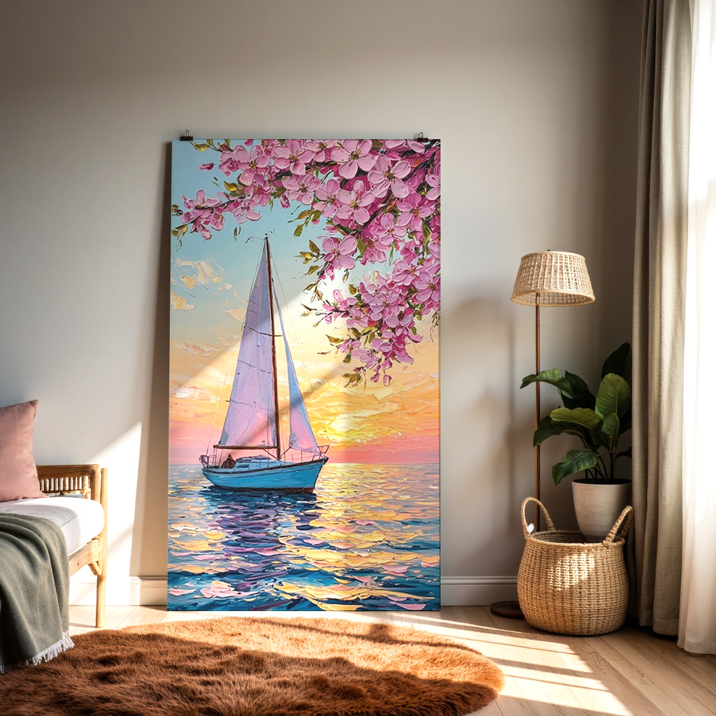 Blossoms at Sea – Serenity Sunset Sailboat Wall Art