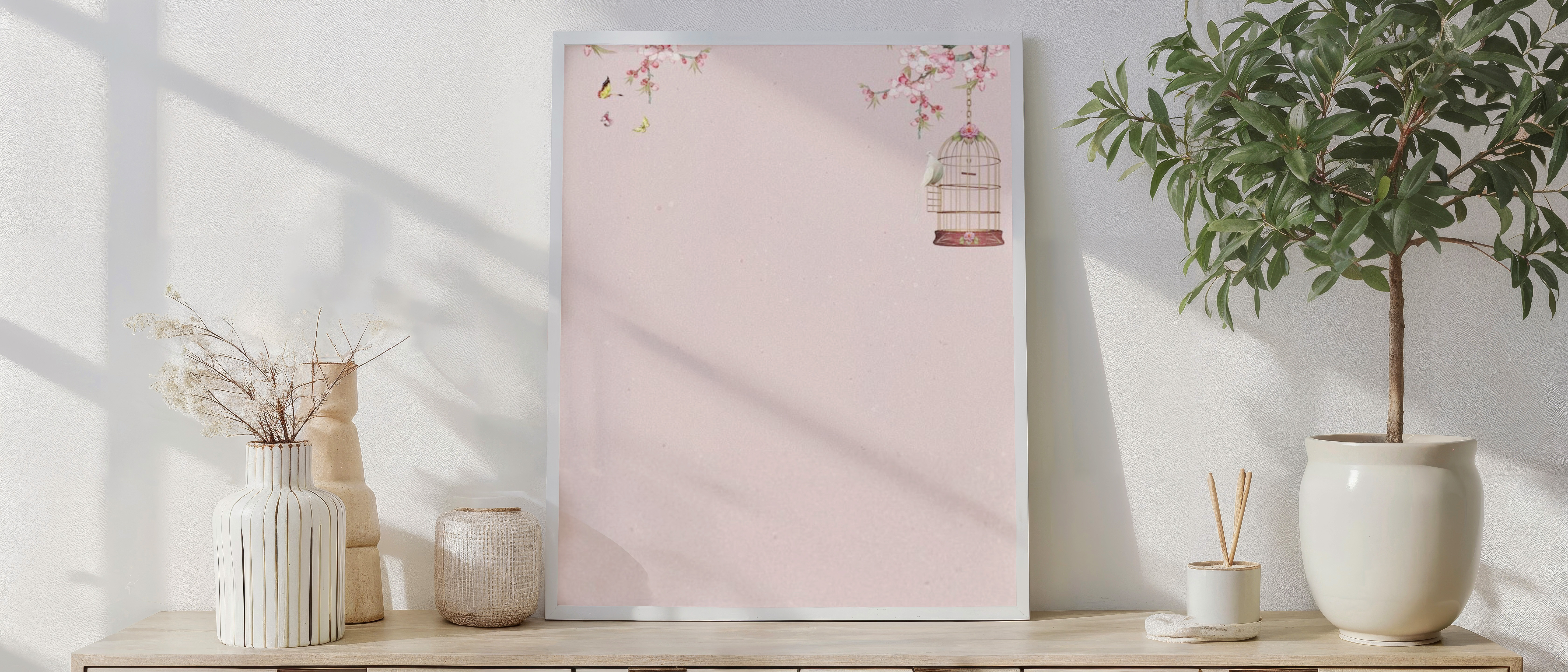 Cherry Blossom Bird Background – Pink Floral Wallpaper, Vintage Spring Birdcage Illustration