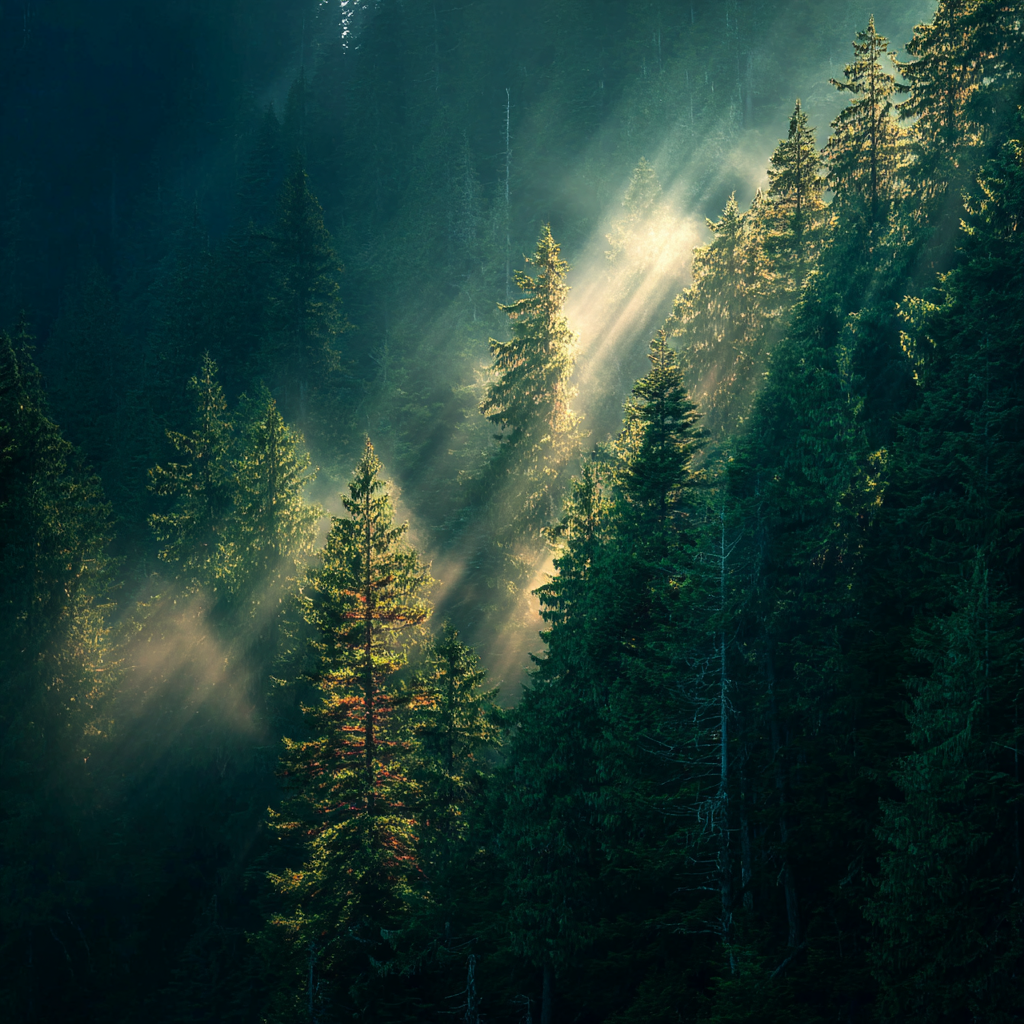 Forest Radiance – Sunbeams Through Evergreen Pines Wall Art