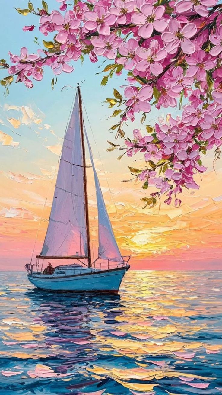 Blossoms at Sea – Serenity Sunset Sailboat Wall Art