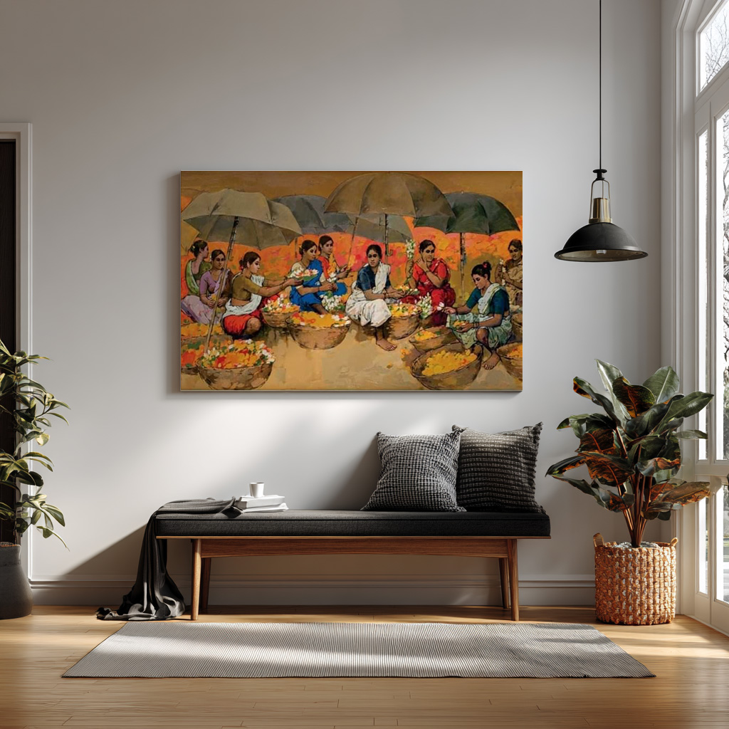 Indian Village Life Wall Art | Traditional Flower Market Painting