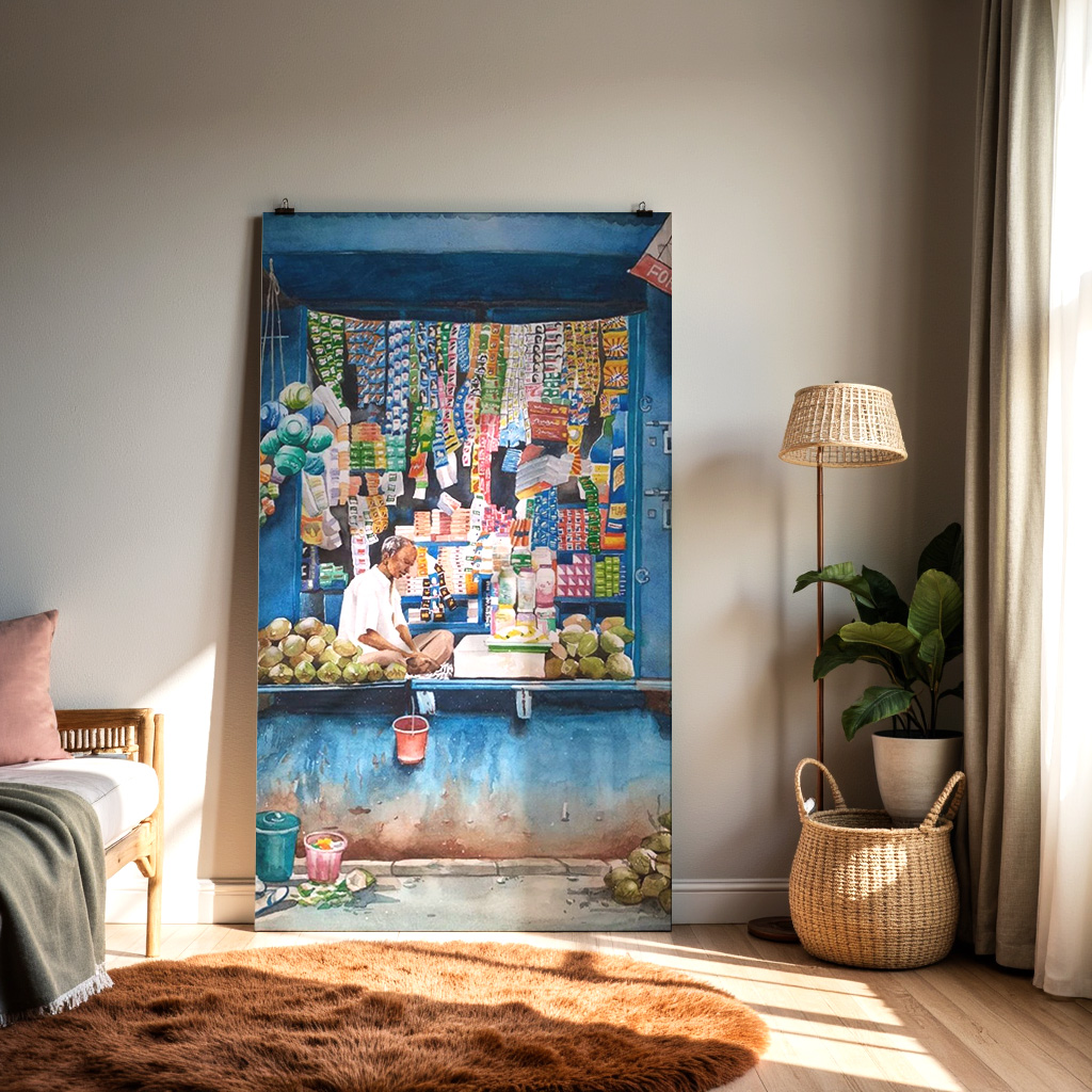 Indian Street Shop Painting | Village Kirana Store Wall Art