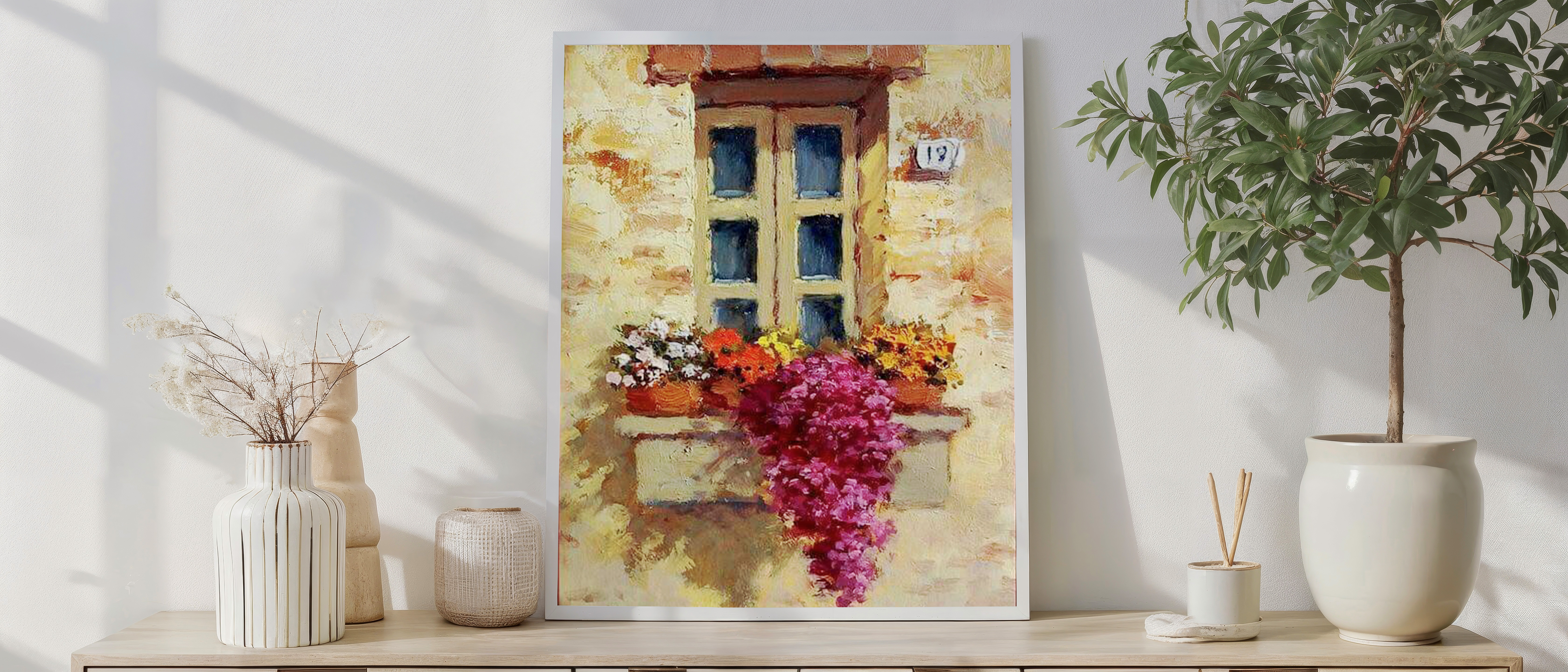 Sunlit Window Blooms – Rustic Floral Balcony Wall Art